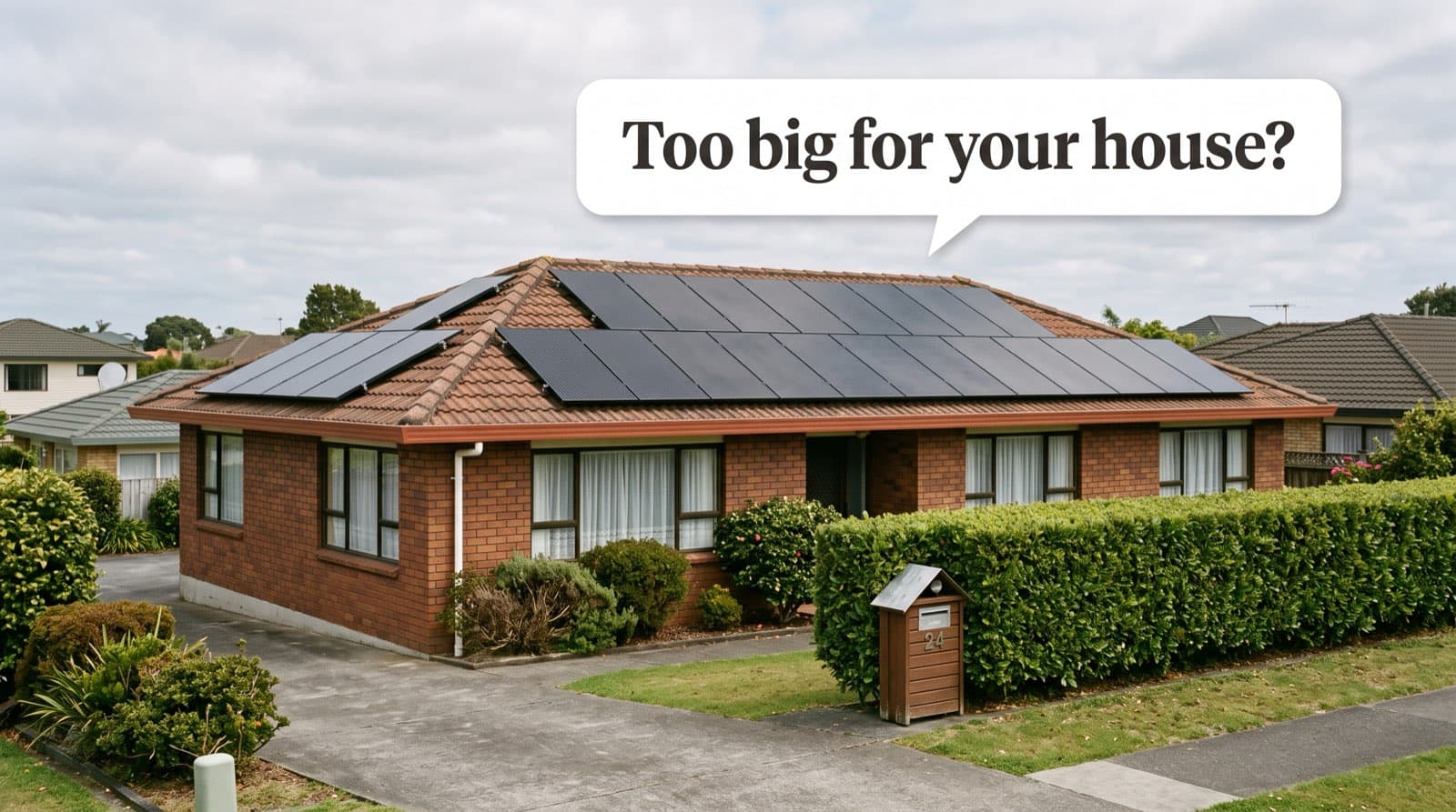 A large all-black 10kW solar array covering the tiled roof of a 1990s brick New Zealand suburban home, speech bubble asking if it is too big for your house