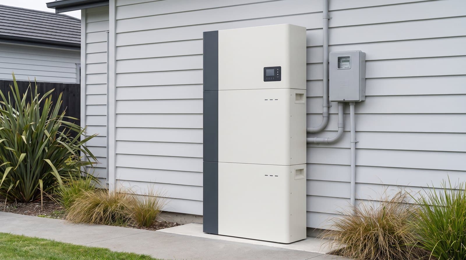 A white AlphaESS home battery, three modules stacked with a dark charcoal side panel, mounted on the pale grey weatherboard exterior wall of a New Zealand house beside the meter box, flax and tussock planted along the path