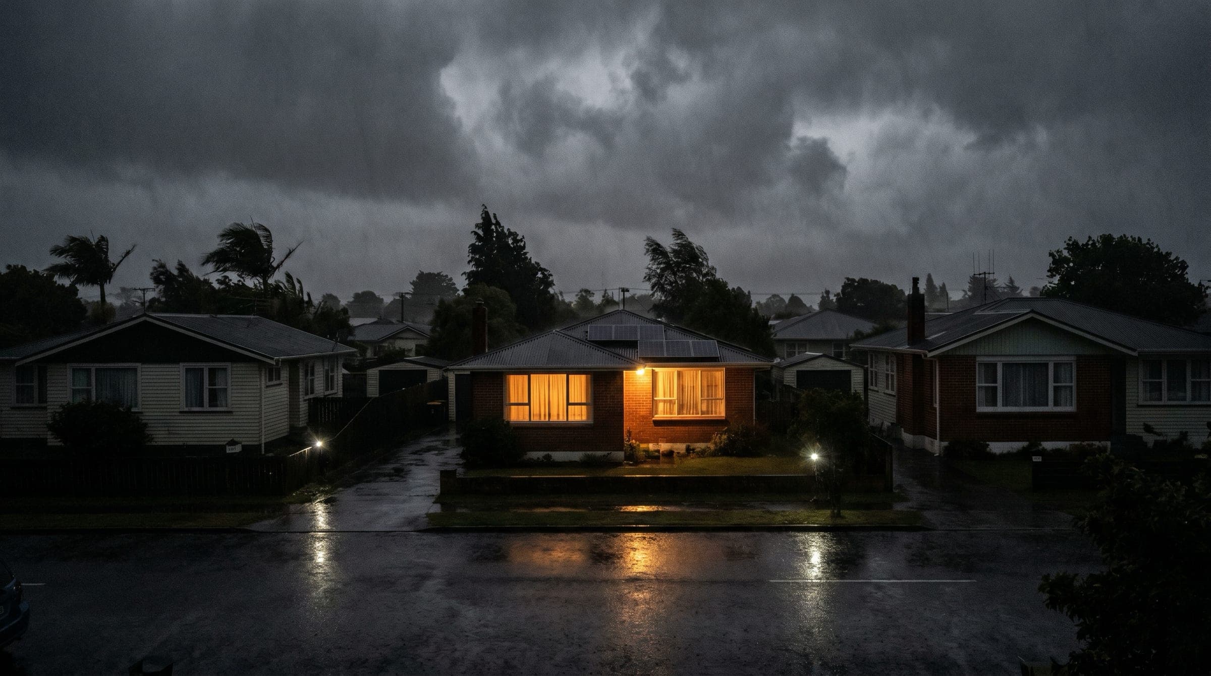 A New Zealand suburban street at night during a storm and power outage. Most homes are dark. One home is brightly lit, clearly running on battery backup.