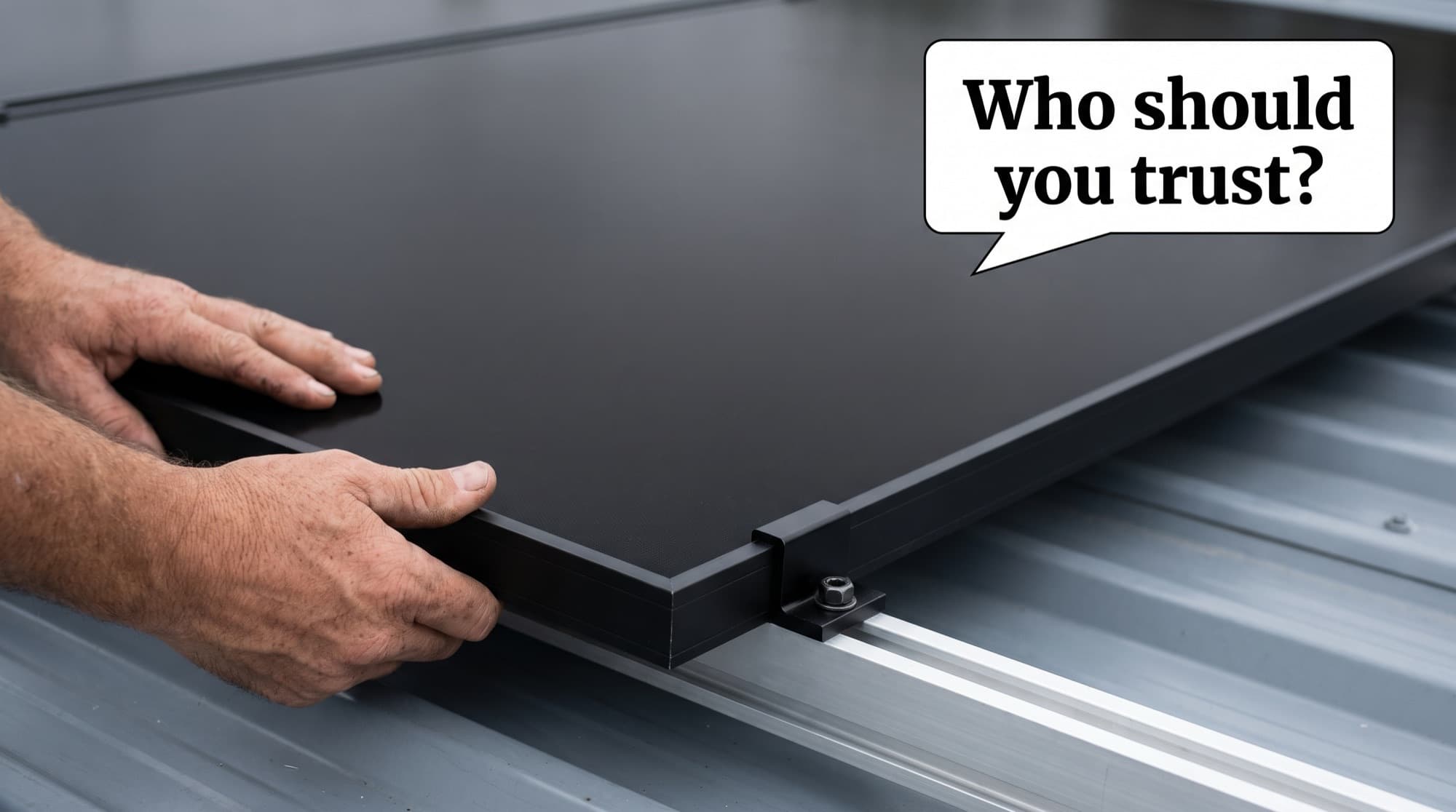 Close-up of a solar installer's bare hands seating an all-black solar panel onto a clean aluminium rail and clamp mounting system on a New Zealand steel roof