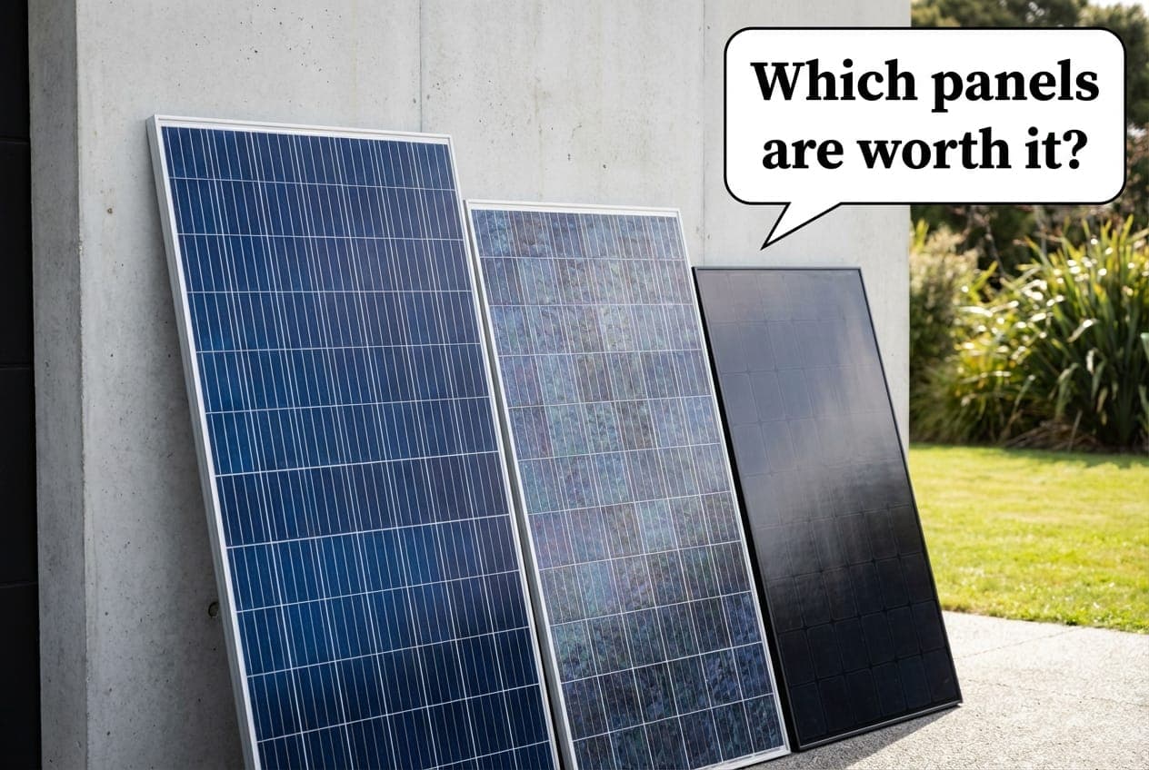Three different solar panels leaning against a wall showing different cell patterns and technologies for comparison