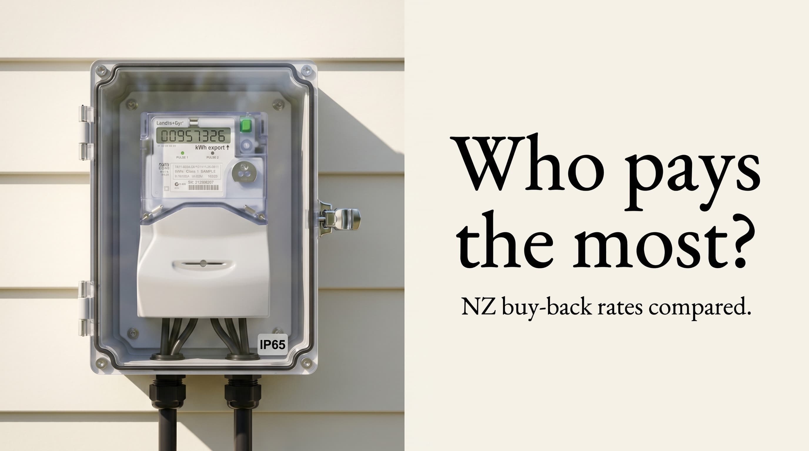 Smart electricity export meter on a New Zealand home showing kWh solar buy-back readings