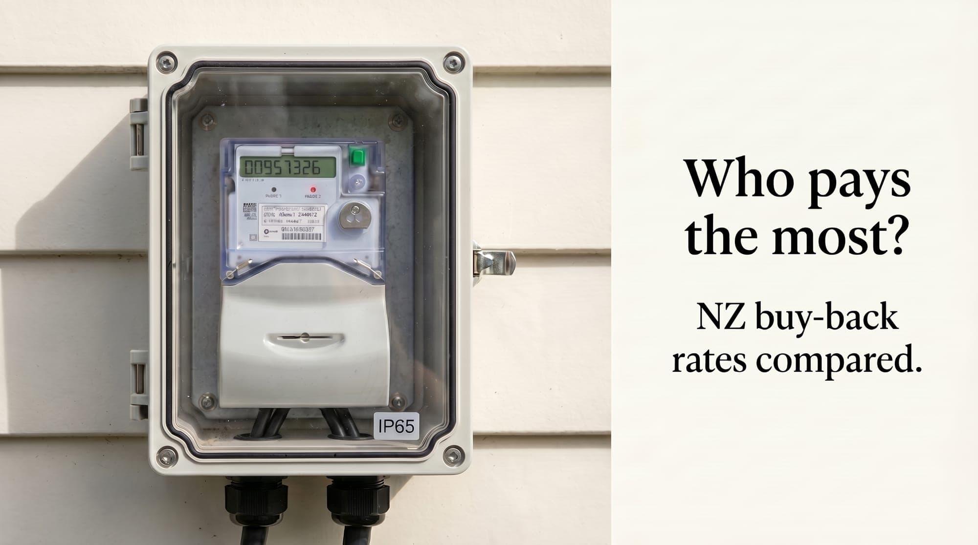 Smart electricity export meter on a New Zealand home showing kWh solar buy-back readings