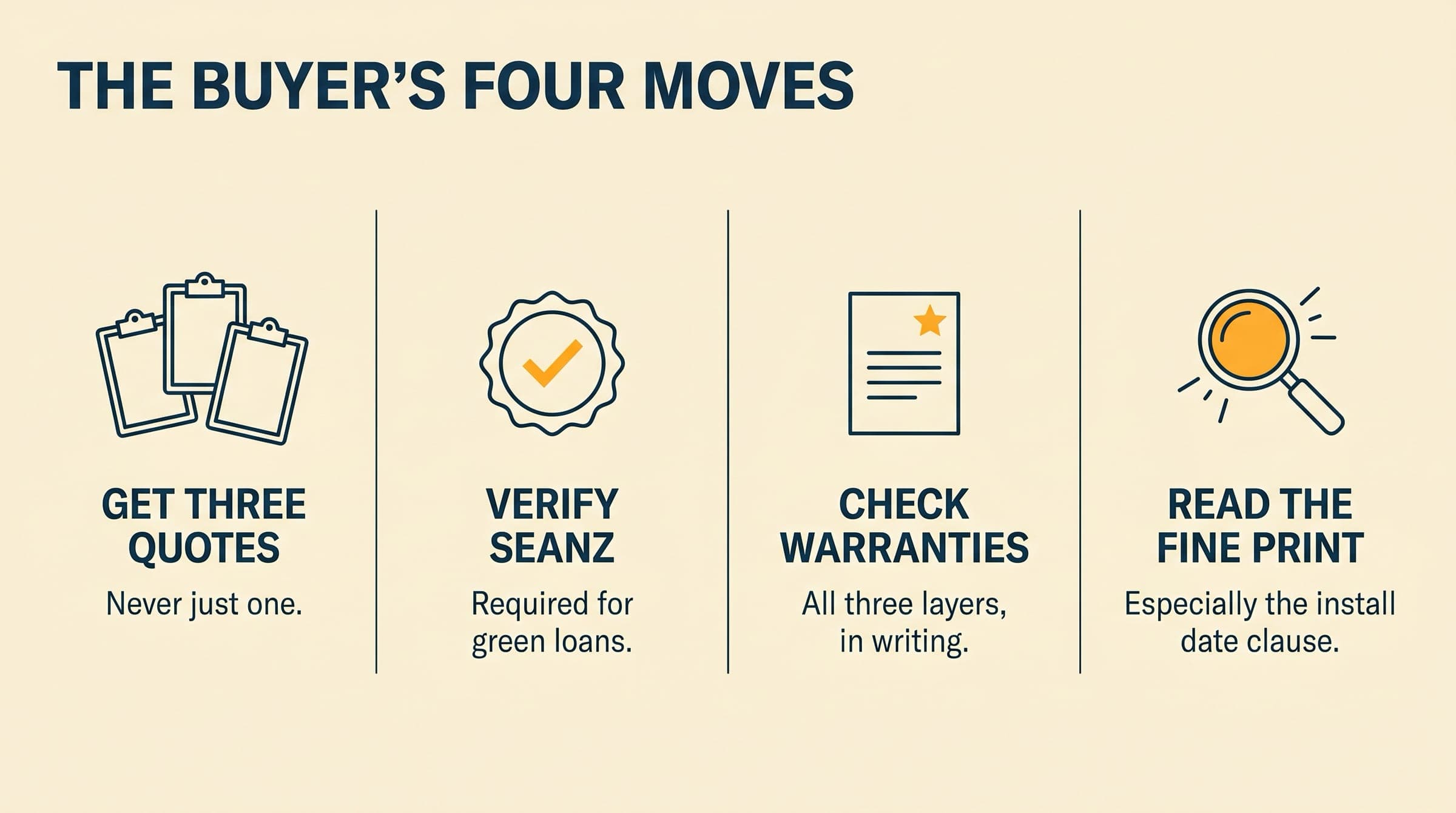 Four-vignette editorial of the buyer's four key moves: get three quotes, verify SEANZ, check warranties, read the fine print