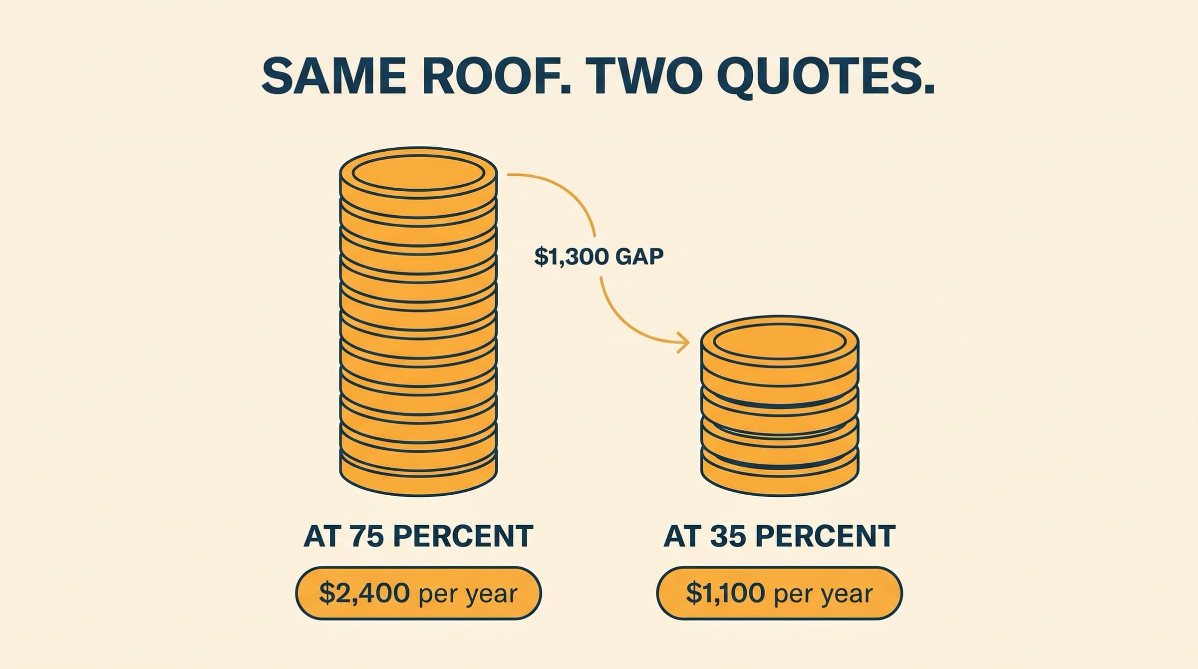 Editorial two-stack coin comparison: tall amber stack of coins labelled At 75 percent self-consumption $2,400 per year saved, short stack labelled At 35 percent $1,100 per year saved, with a $1,300 gap arrow between them