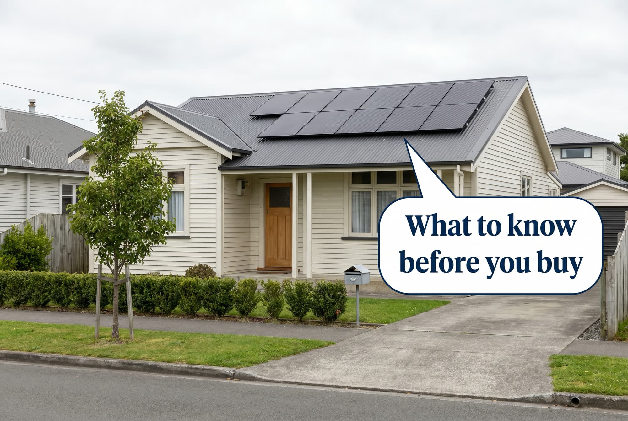 Modest cream-weatherboard kiwi suburban home with a tidy row of all-black solar panels on a charcoal corrugated steel roof, with a speech bubble asking what to know before you buy