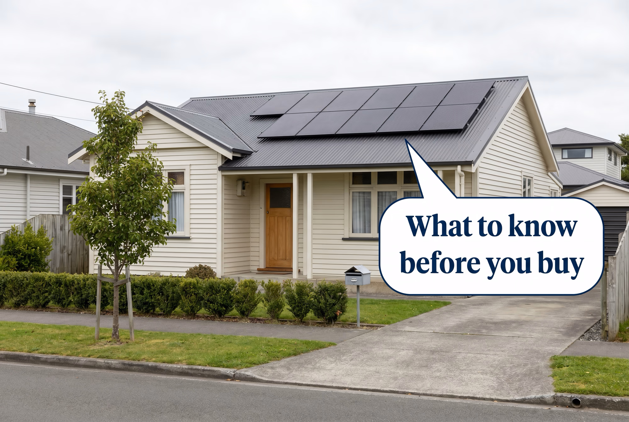Modest cream-weatherboard kiwi suburban home with a tidy row of all-black solar panels on a charcoal corrugated steel roof, with a speech bubble asking what to know before you buy