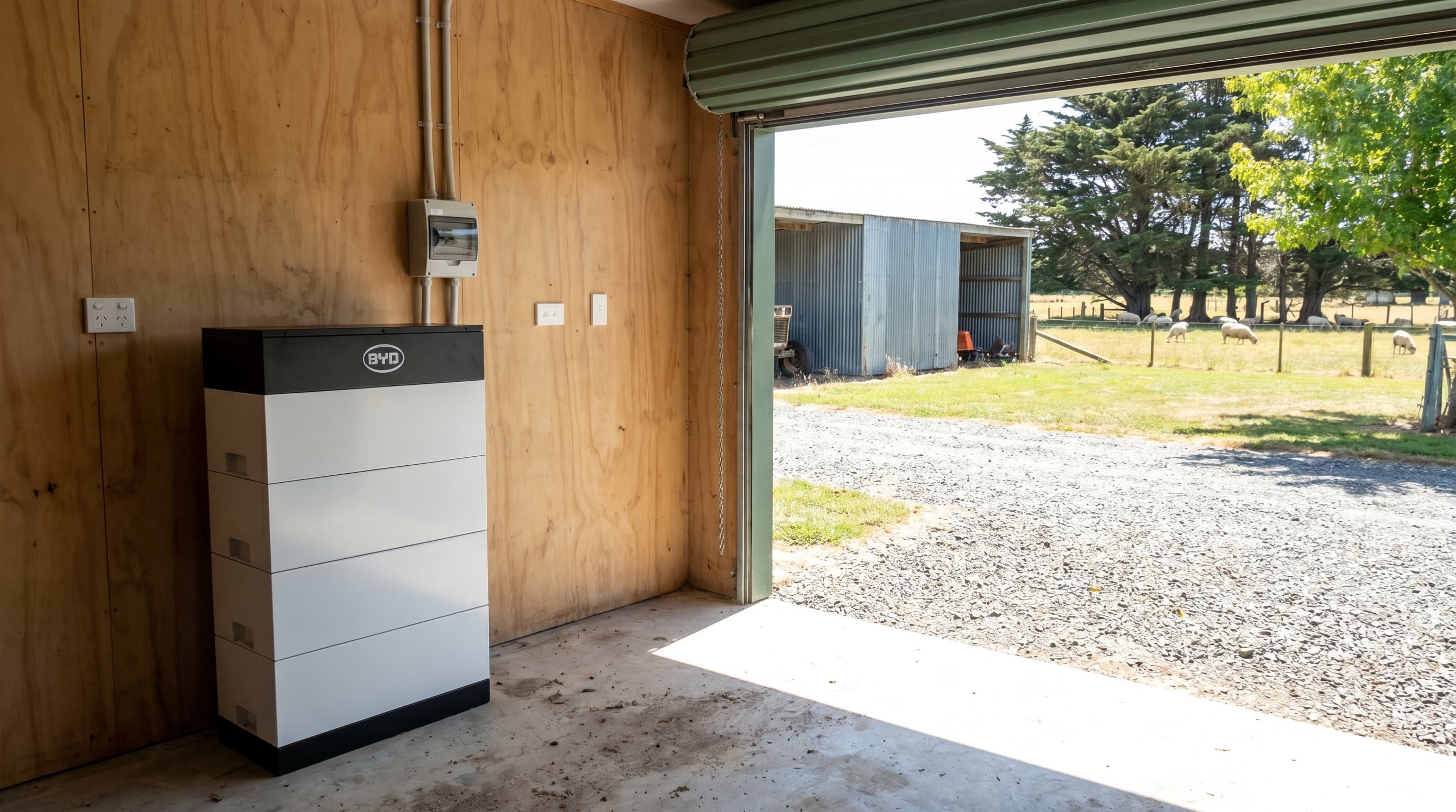 A white BYD Battery-Box tower of stacked modules with a black top cap, standing against the plywood wall of a New Zealand garage with the roller door open to the driveway