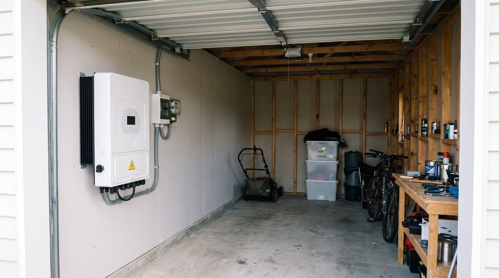 A wall-mounted hybrid solar inverter and meter box in an ordinary New Zealand garage, roller door open to the driveway