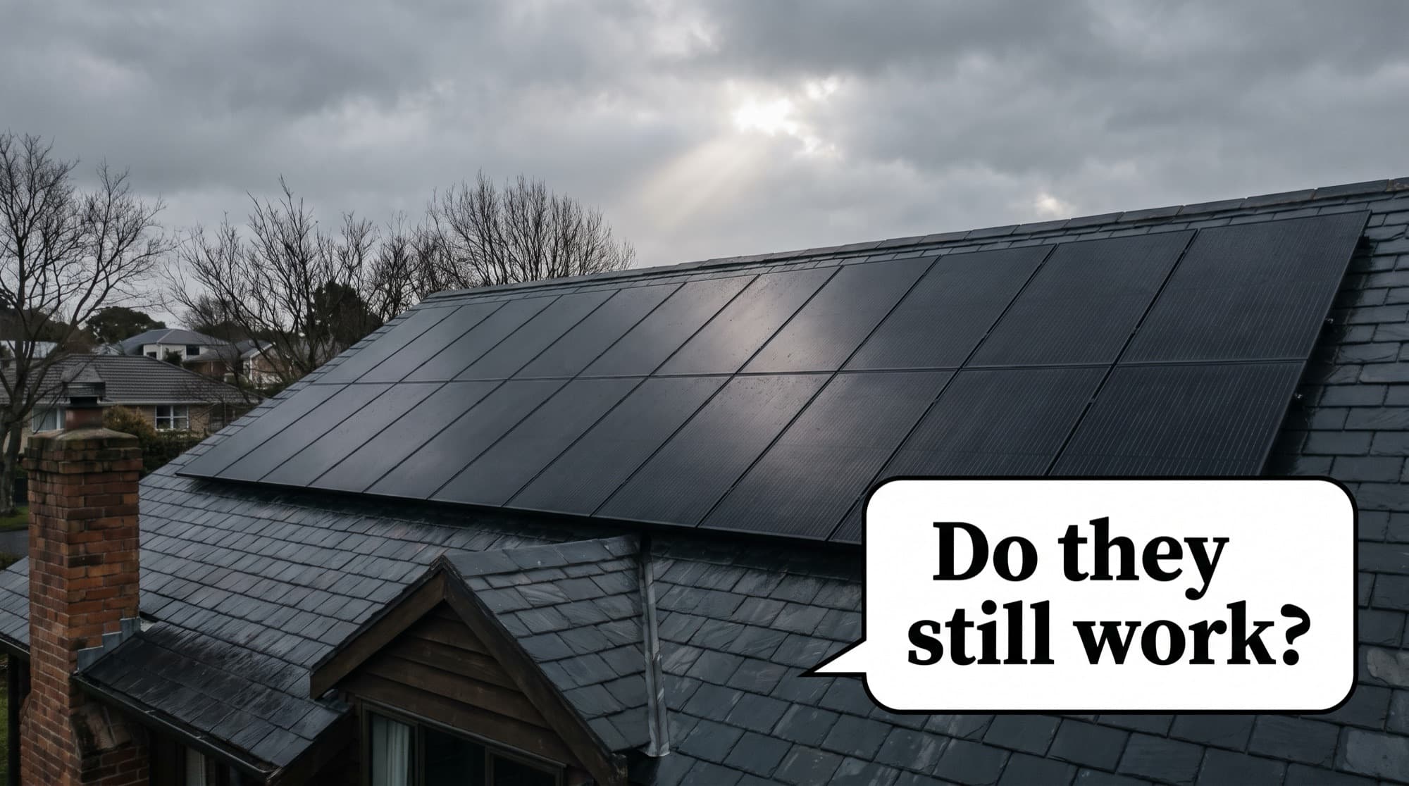 Solar panels on a roof with rain clouds and a partial sunbeam breaking through