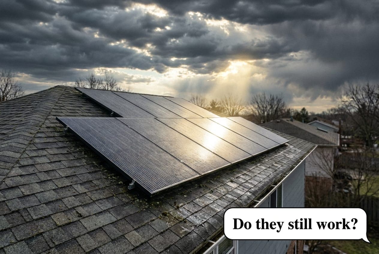 Solar panels on a roof with rain clouds and a partial sunbeam breaking through