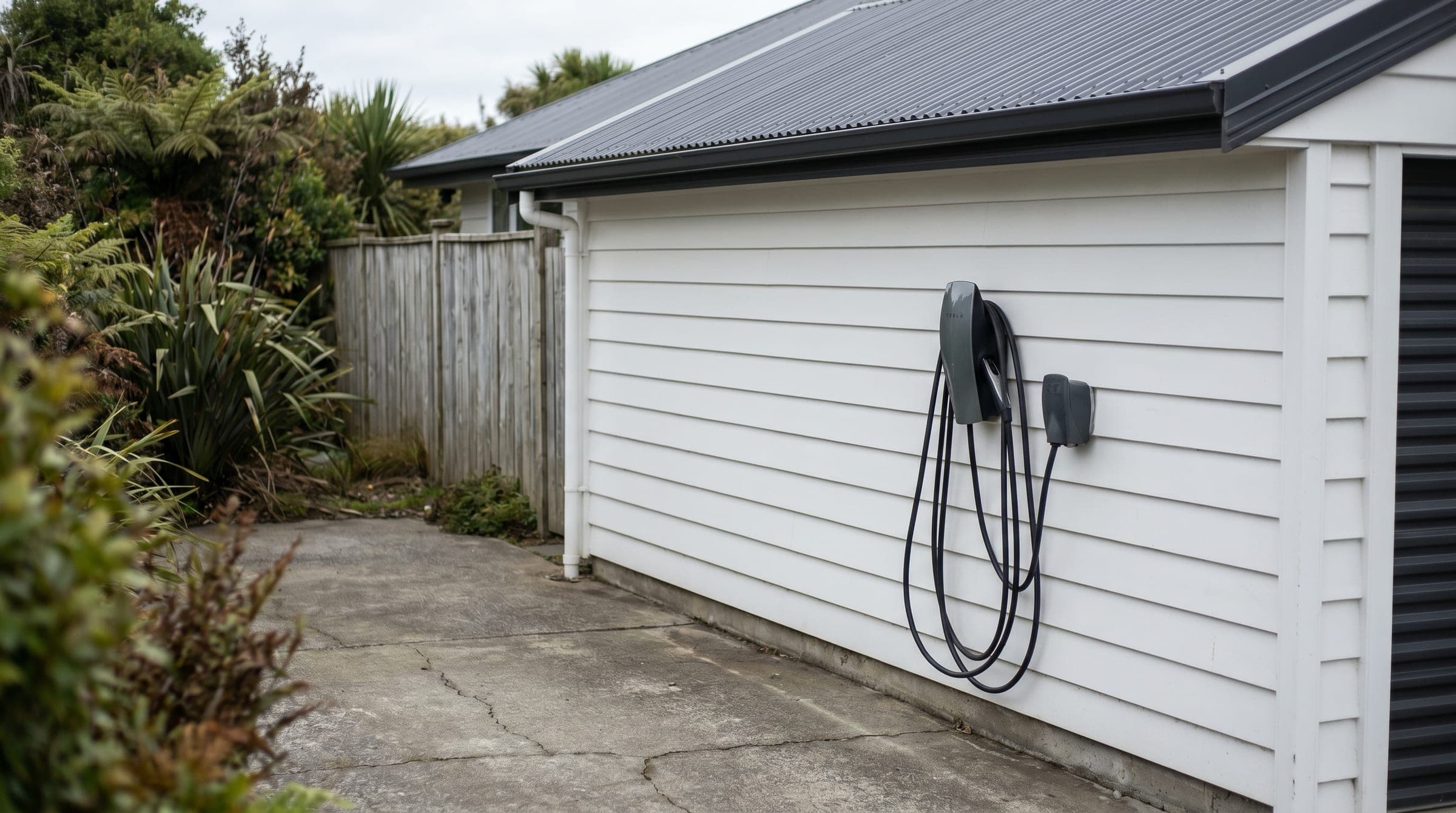 A modern wall-mounted EV smart charger installed on the exterior white weatherboard wall of a New Zealand home, with the charging cable coiled on its holster beside it.