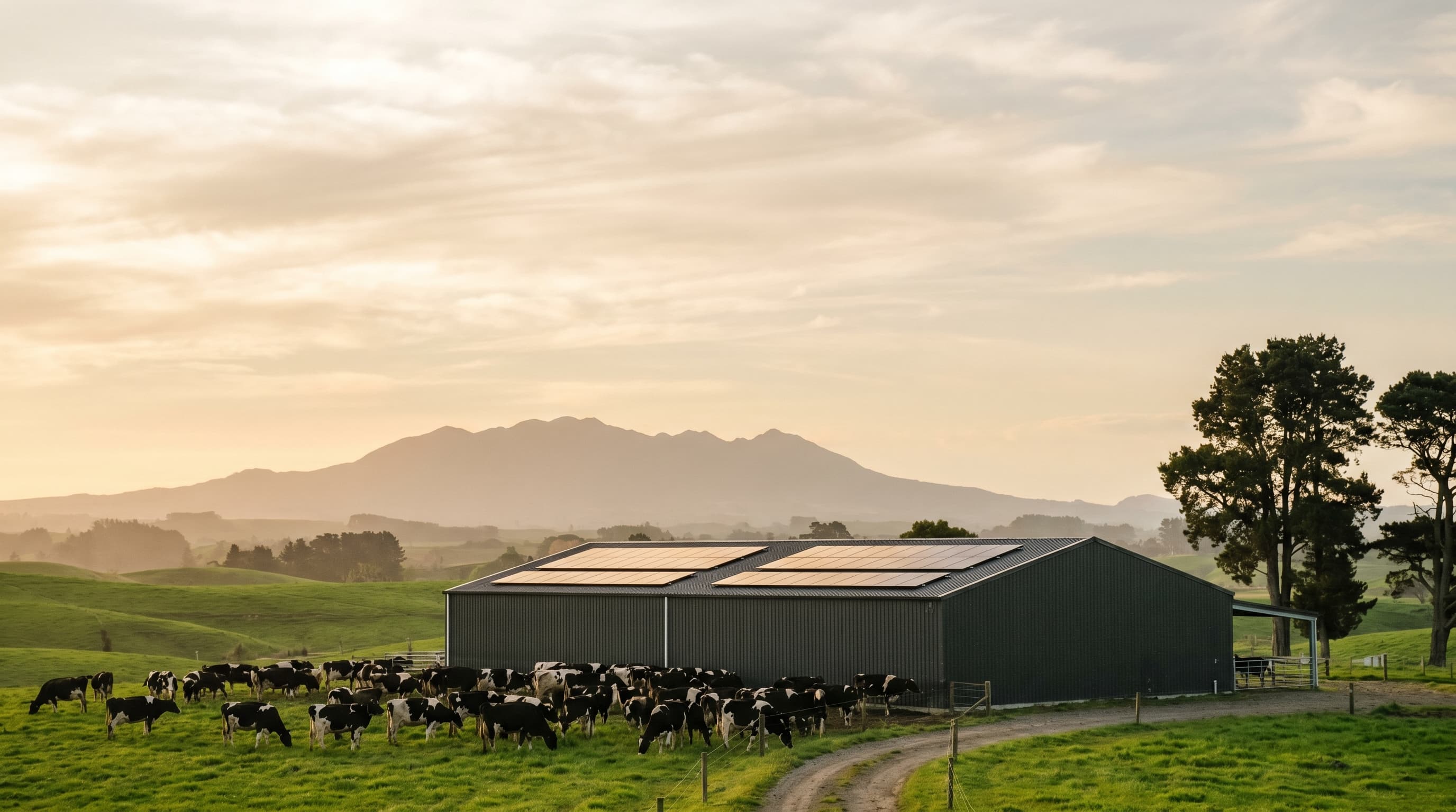 Waikato dairy shed with solar panels along the north-facing ridge, milking herd in the paddock at golden hour