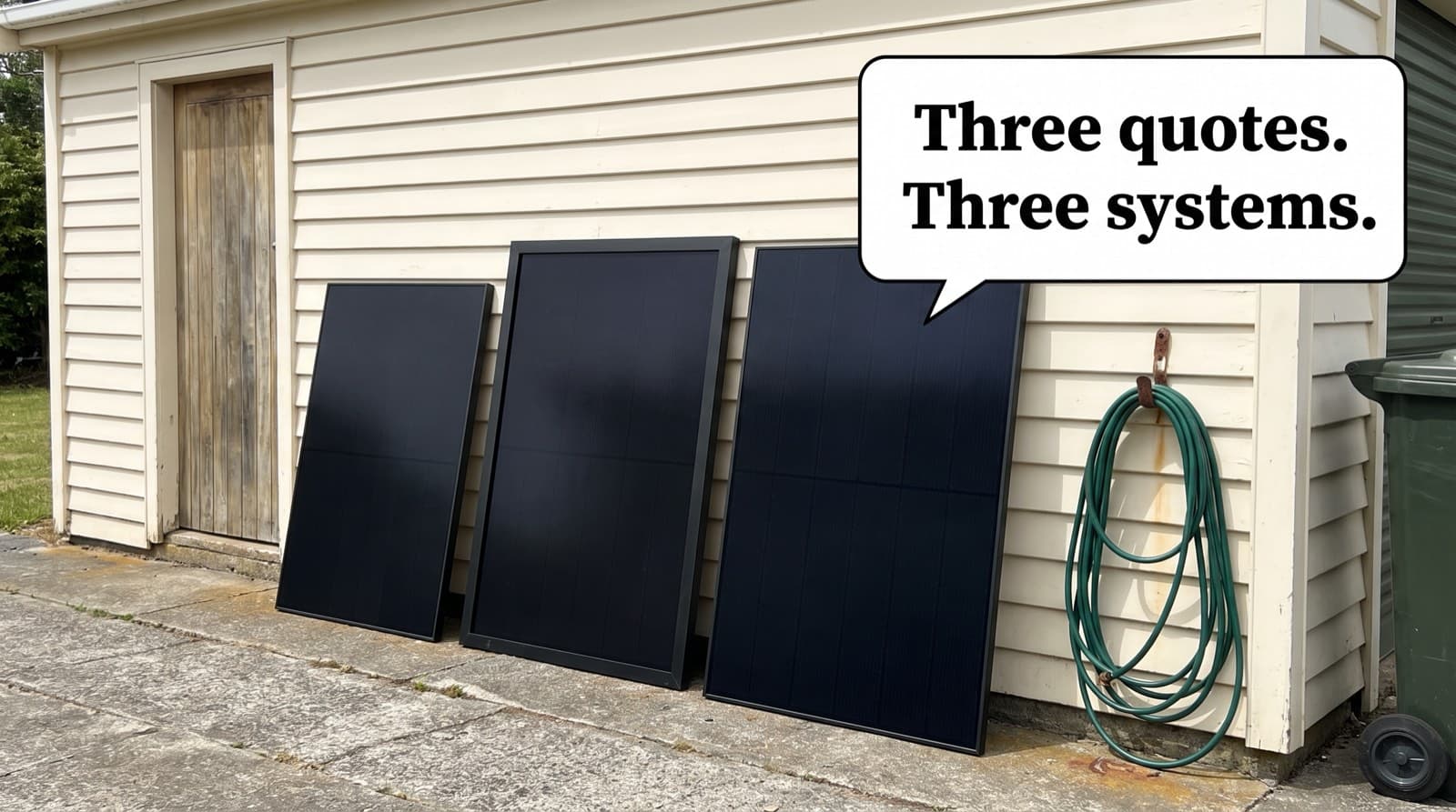 Three all-black solar panels of different sizes leaning against the weatherboard wall of a New Zealand garage, speech bubble reading three quotes, three systems