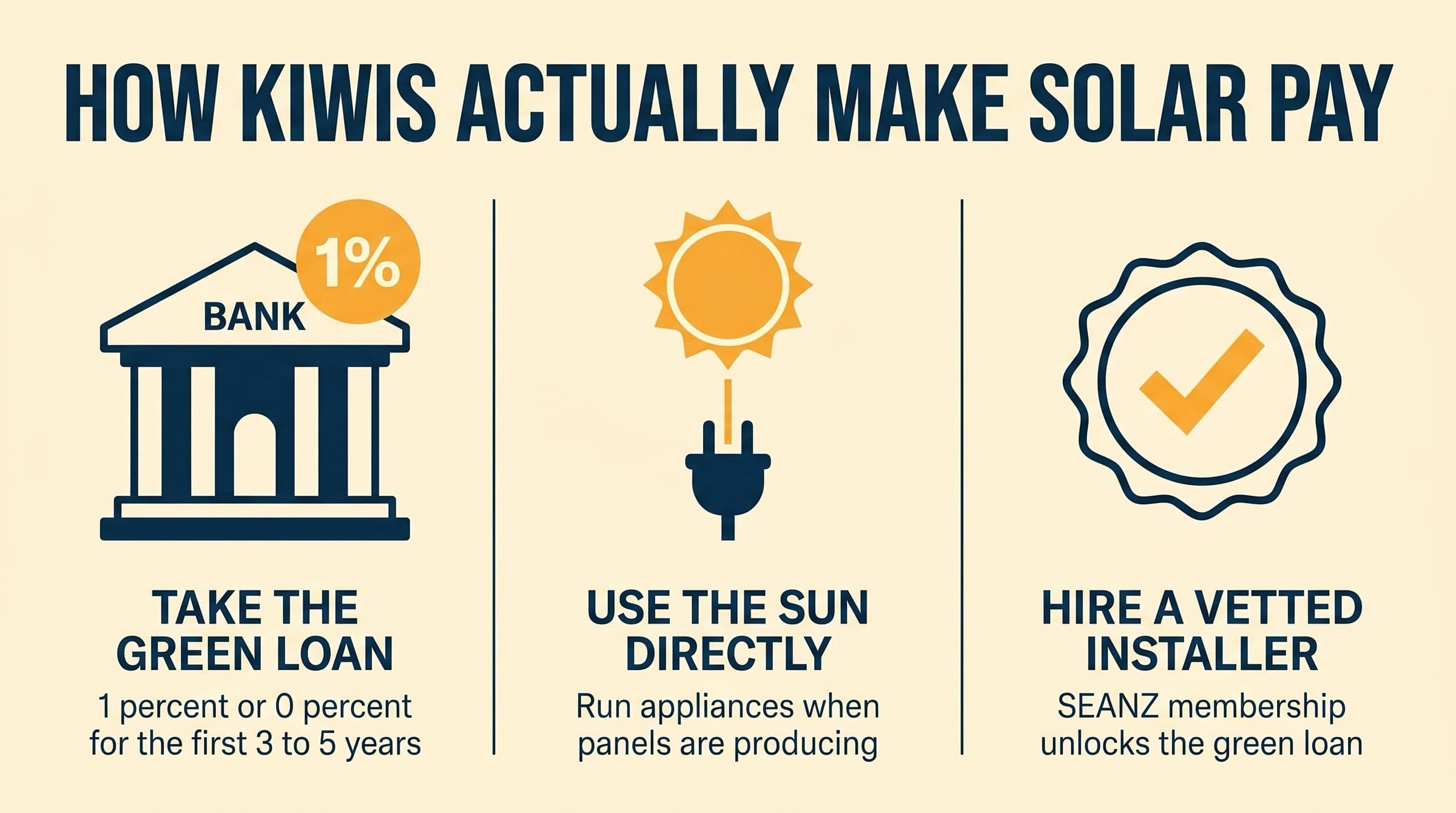 Editorial three-vignette of how kiwis actually make solar pay: take the green loan at 1 percent, use the sun directly by running appliances during the day, hire a vetted installer whose quote the bank will accept