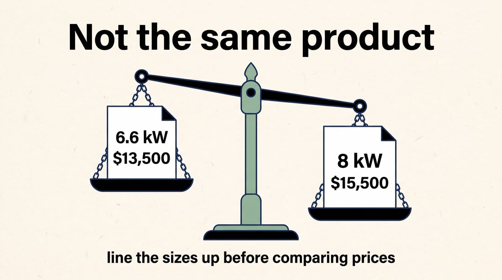Editorial flat-vector illustration of a balance scale weighing a 6.6 kW quote at $13,500 against an 8 kW quote at $15,500, headlined not the same product