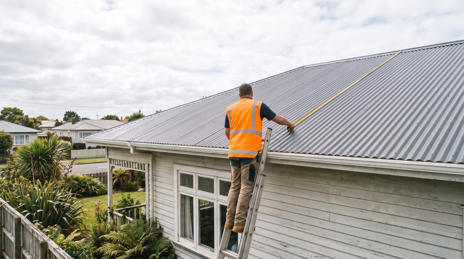 A solar installer on a ladder stretching a tape measure across the large bare roof plane of a New Zealand weatherboard home during a site assessment