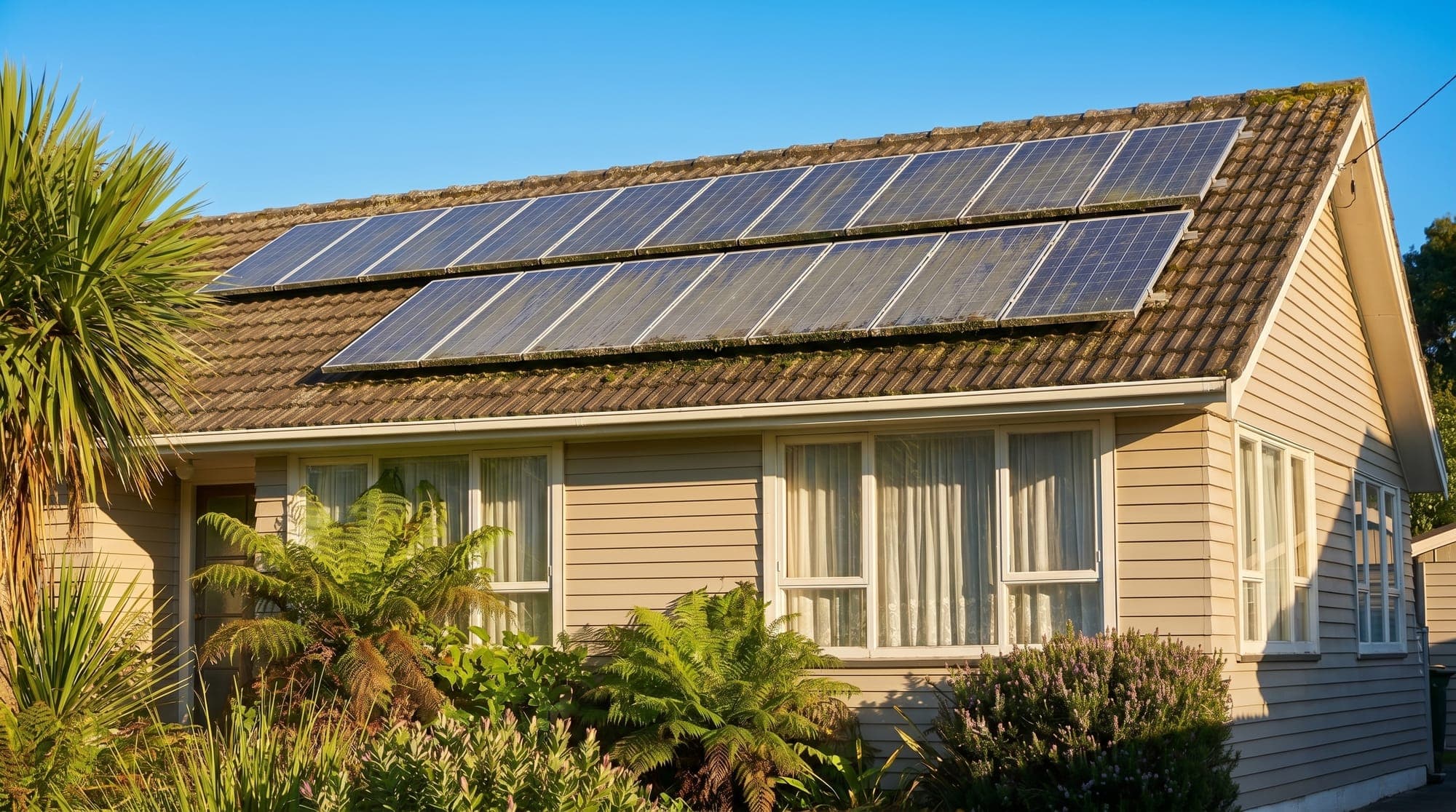 Solar panels on an established New Zealand home with mature garden, speech bubble asking will they outlast your mortgage