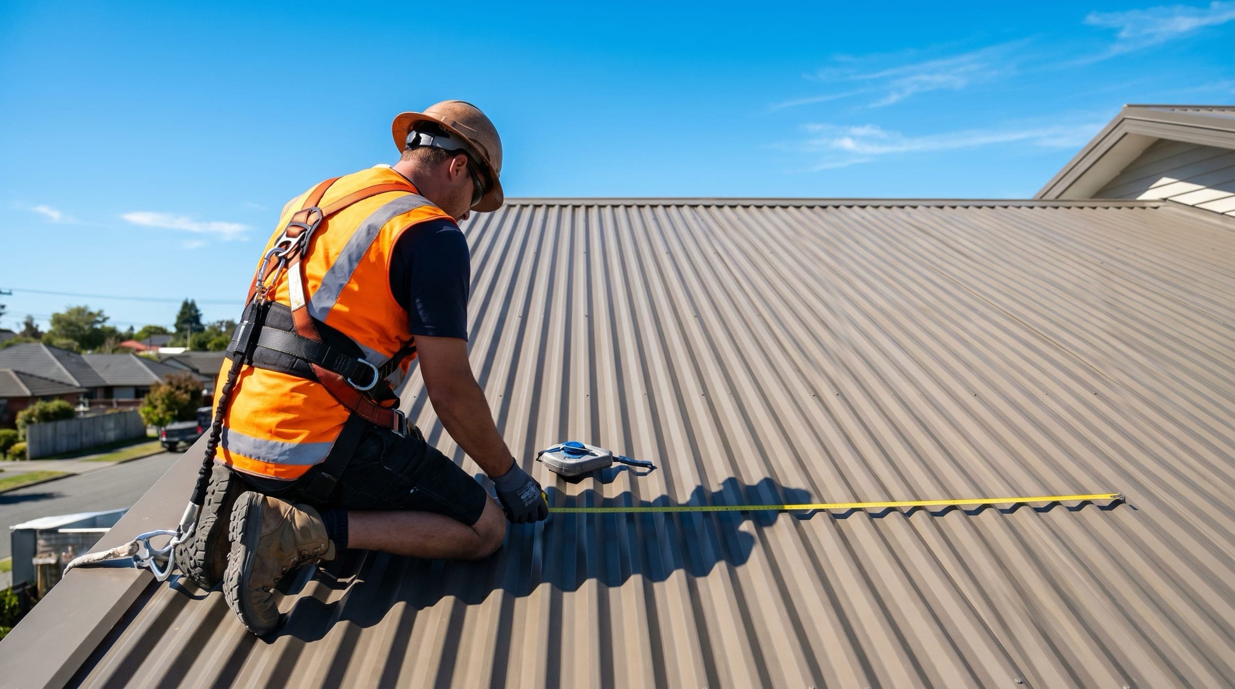 A New Zealand solar installer on a residential pitched longrun-steel roof using a tape measure to mark out the area where solar panels will be installed