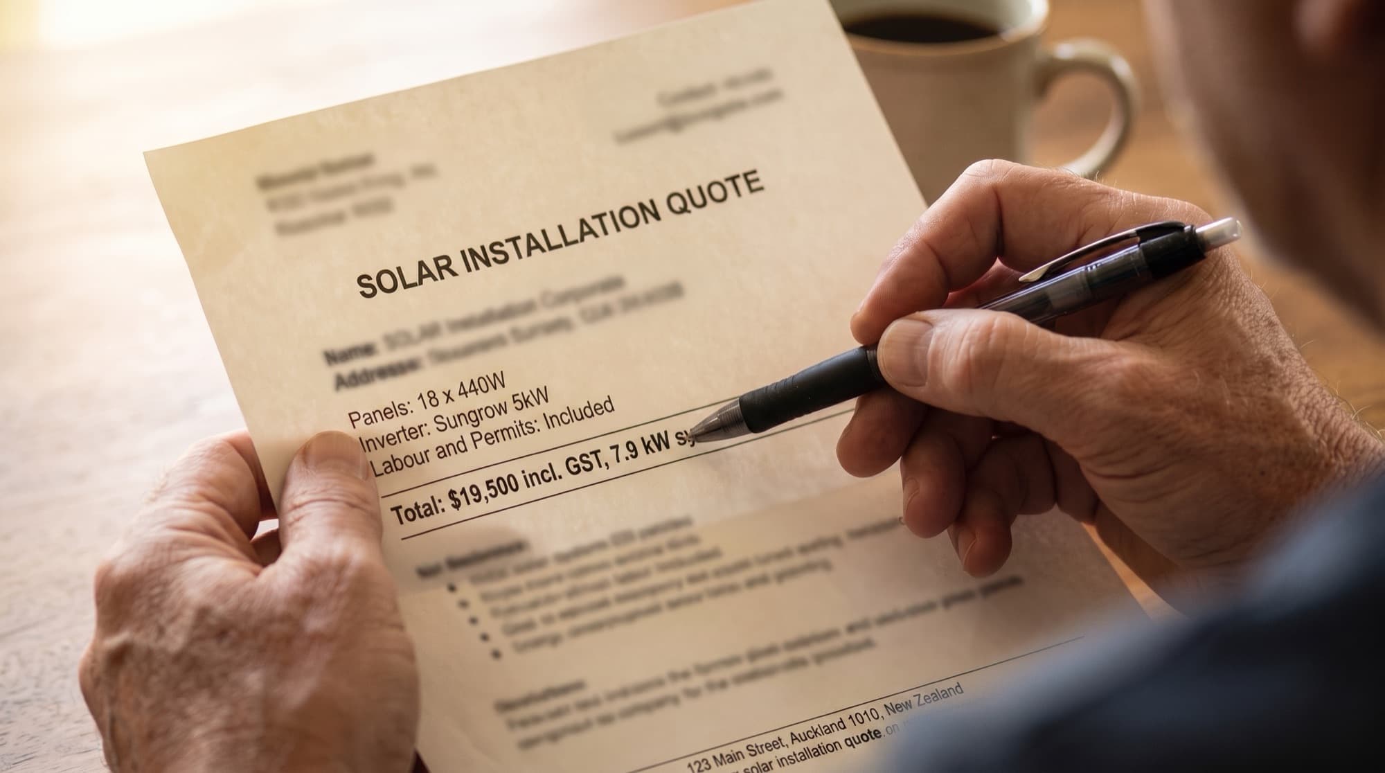 Over-the-shoulder view of a New Zealand homeowner reading a printed solar installation quote and checking a line item with a pen