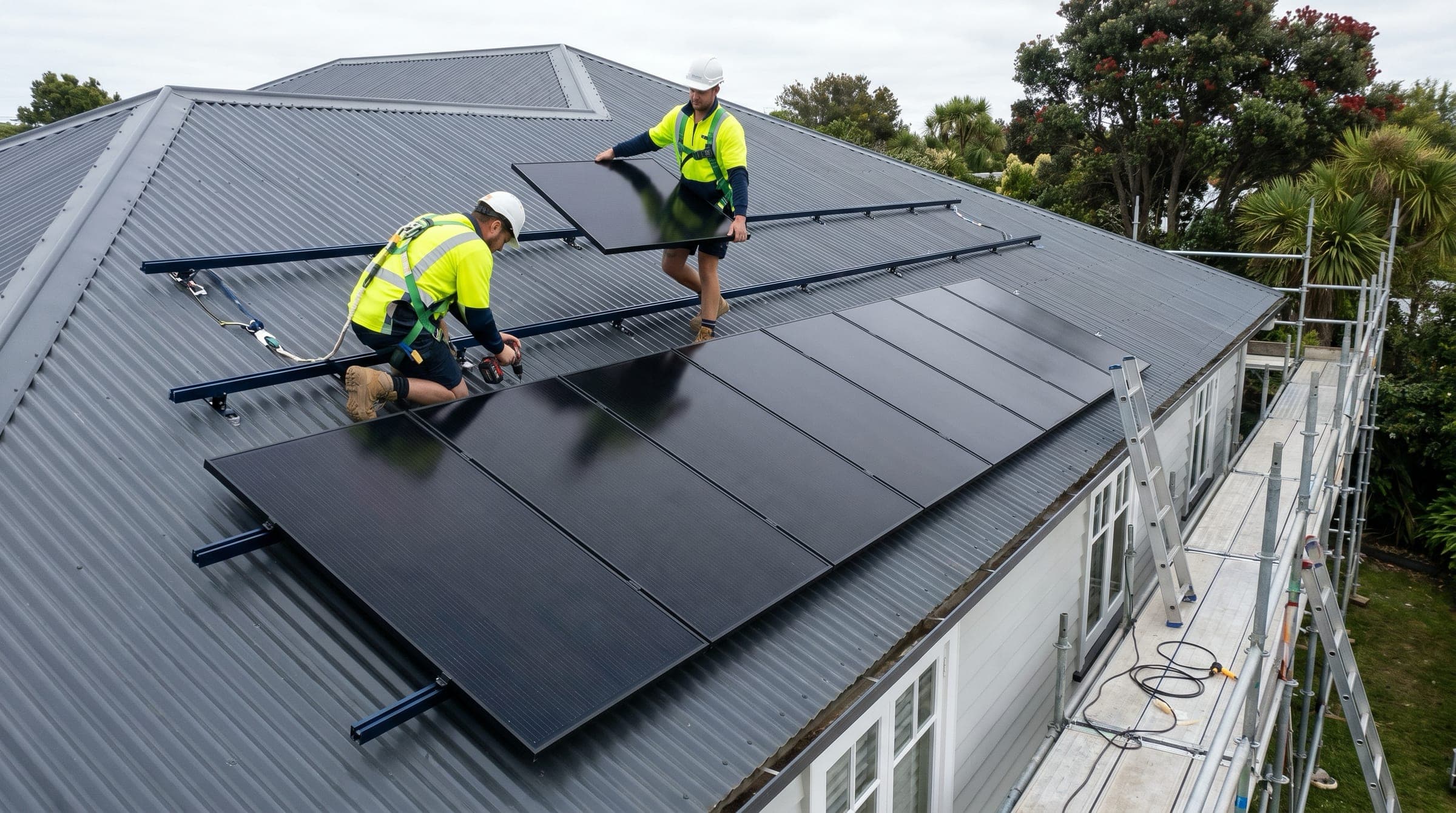 A two-person New Zealand install crew laying all-black solar panels onto black mounting rails on a charcoal corrugated steel roof, with scaffolding alongside the house