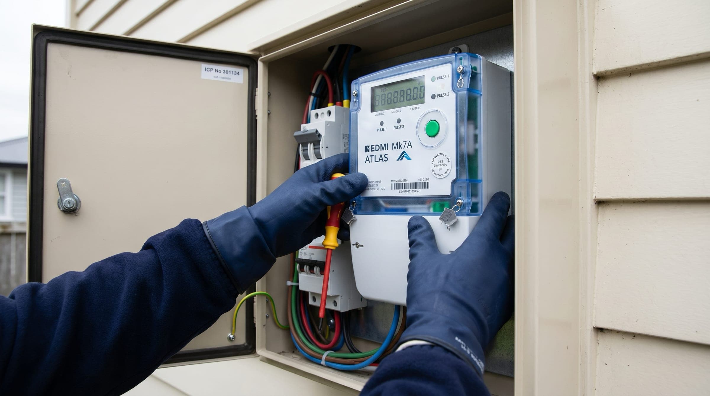 Gloved electrician's hands installing an EDMI Mk7A Atlas smart meter into an open NZ exterior meter cabinet, with cables and circuit breakers visible