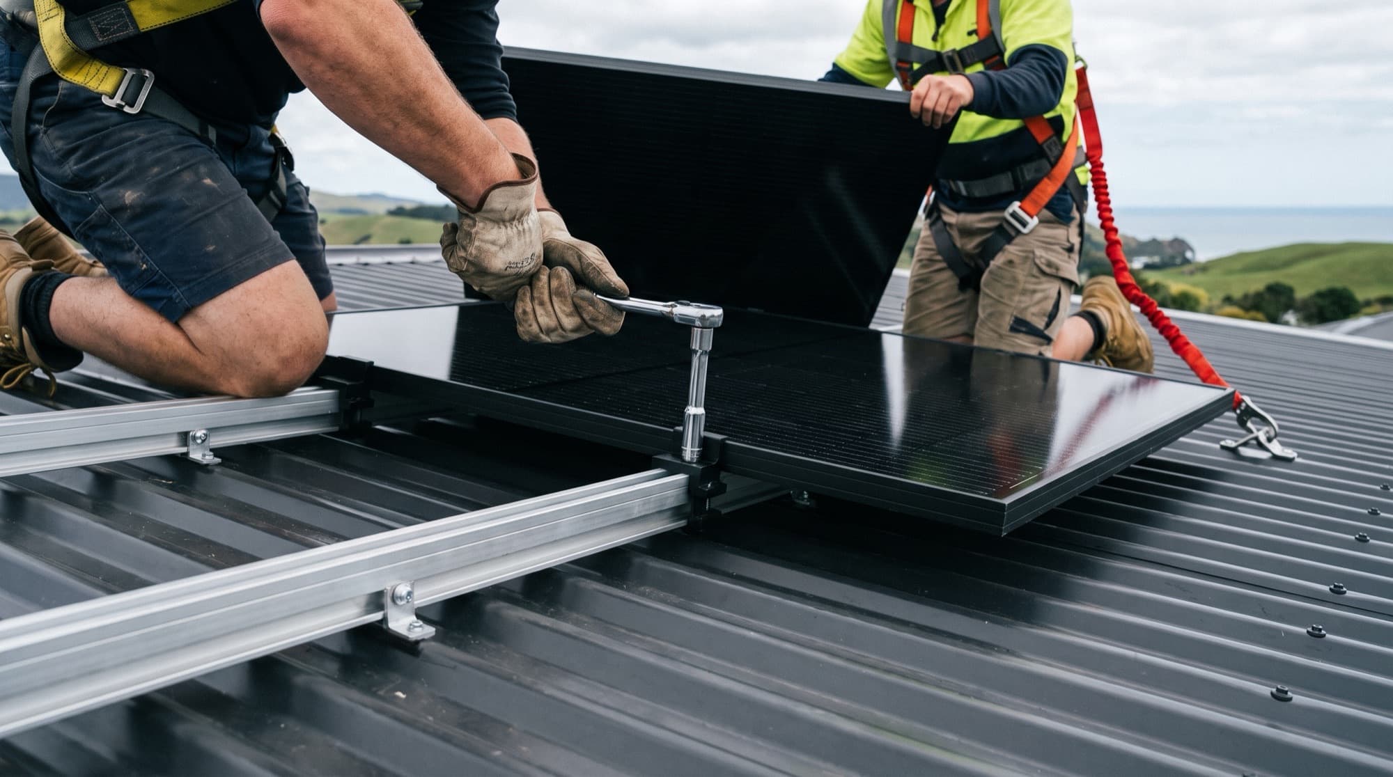 Professional solar installer on a New Zealand residential roof positioning a panel
