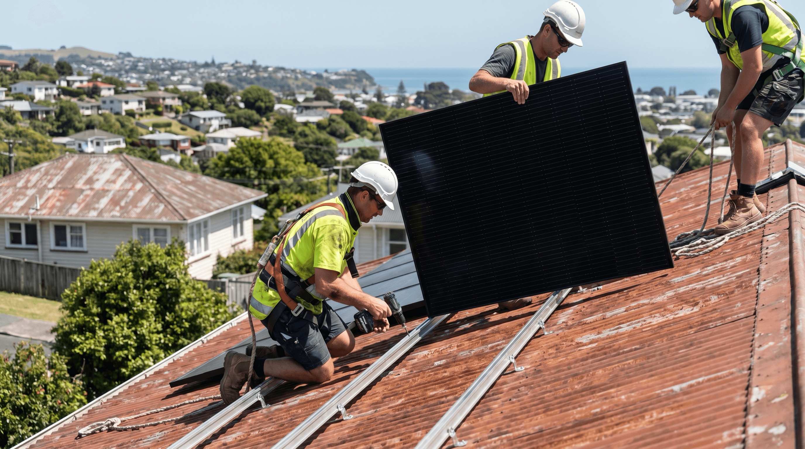 Professional solar installer on a New Zealand residential roof positioning a panel