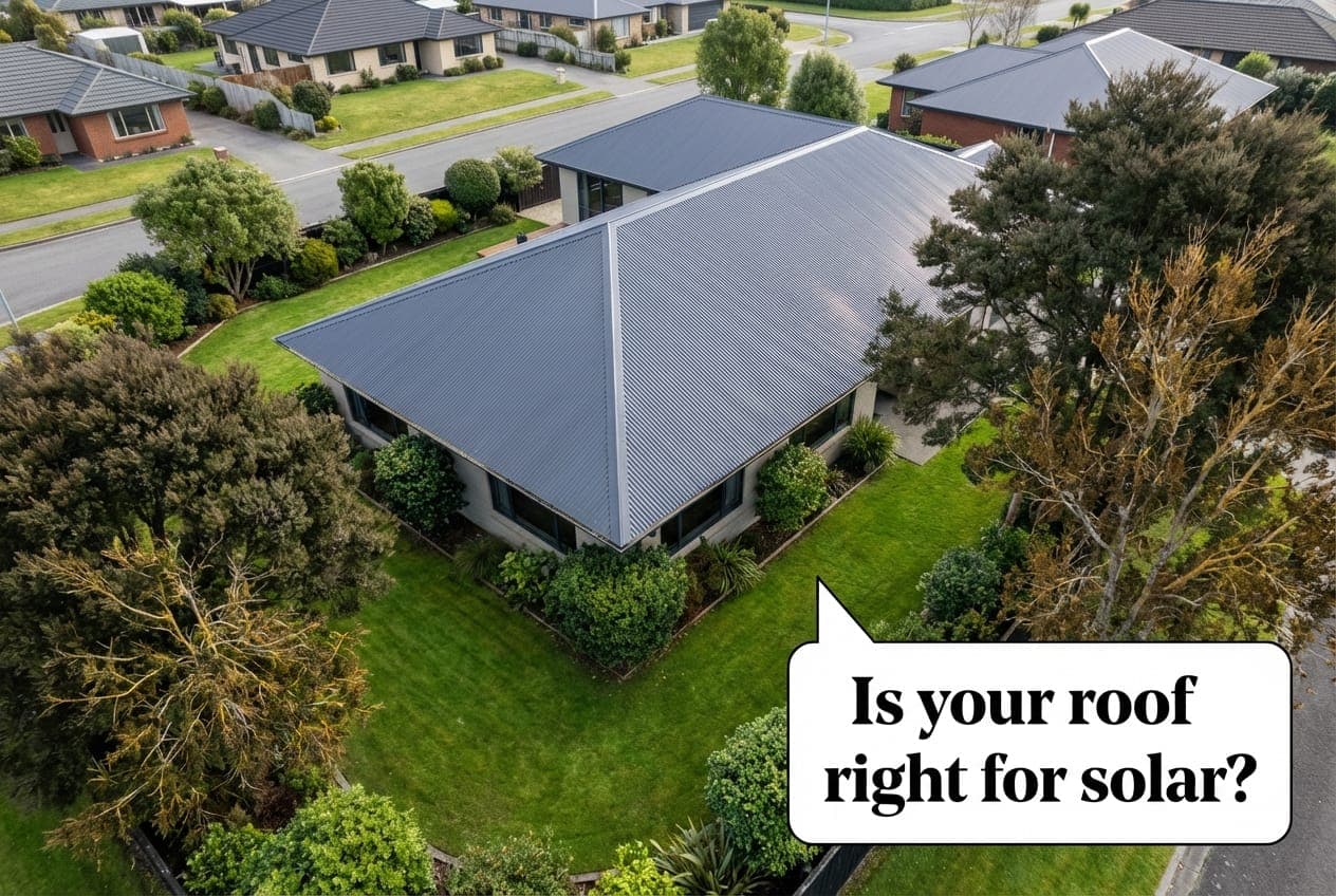 Aerial view of a New Zealand suburban house showing roof angle and orientation for solar panel suitability
