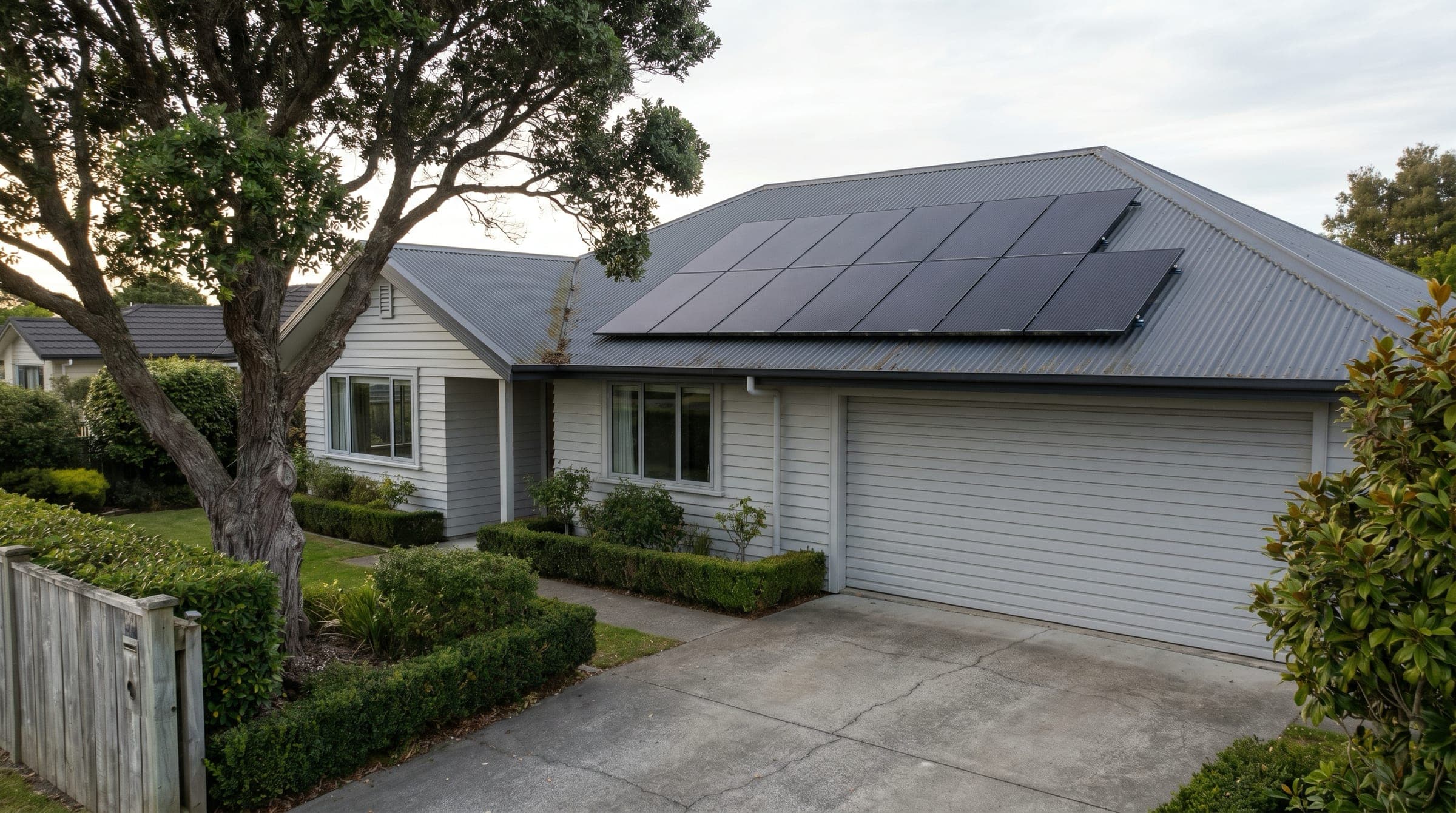 A mature single-storey suburban NZ home with established garden and a tidy row of all-black solar panels still in service on a charcoal corrugated steel roof