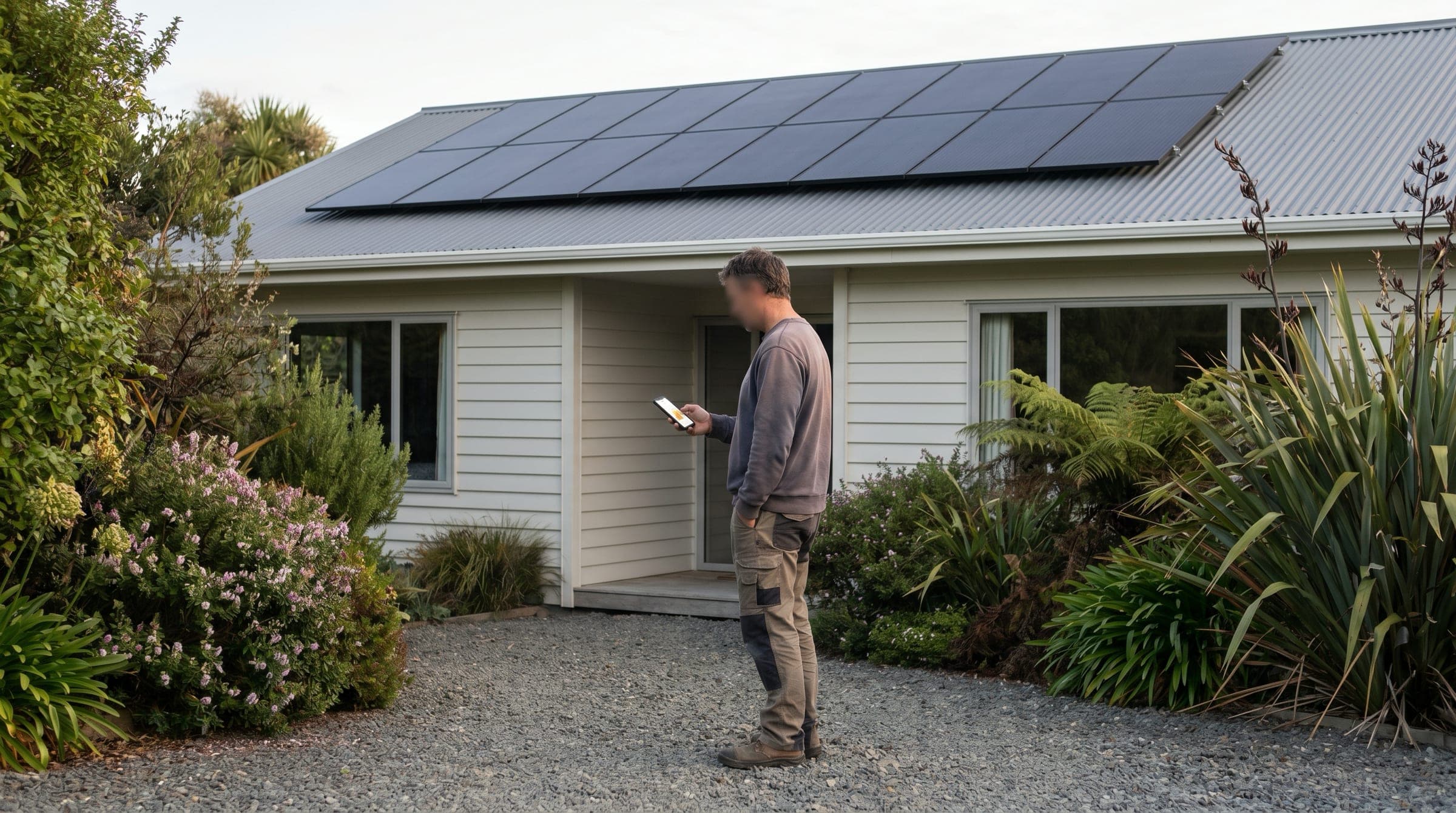 A New Zealand homeowner outside their suburban home checking a solar monitoring app on their smartphone, with all-black panels visible on the pitched roof behind them.