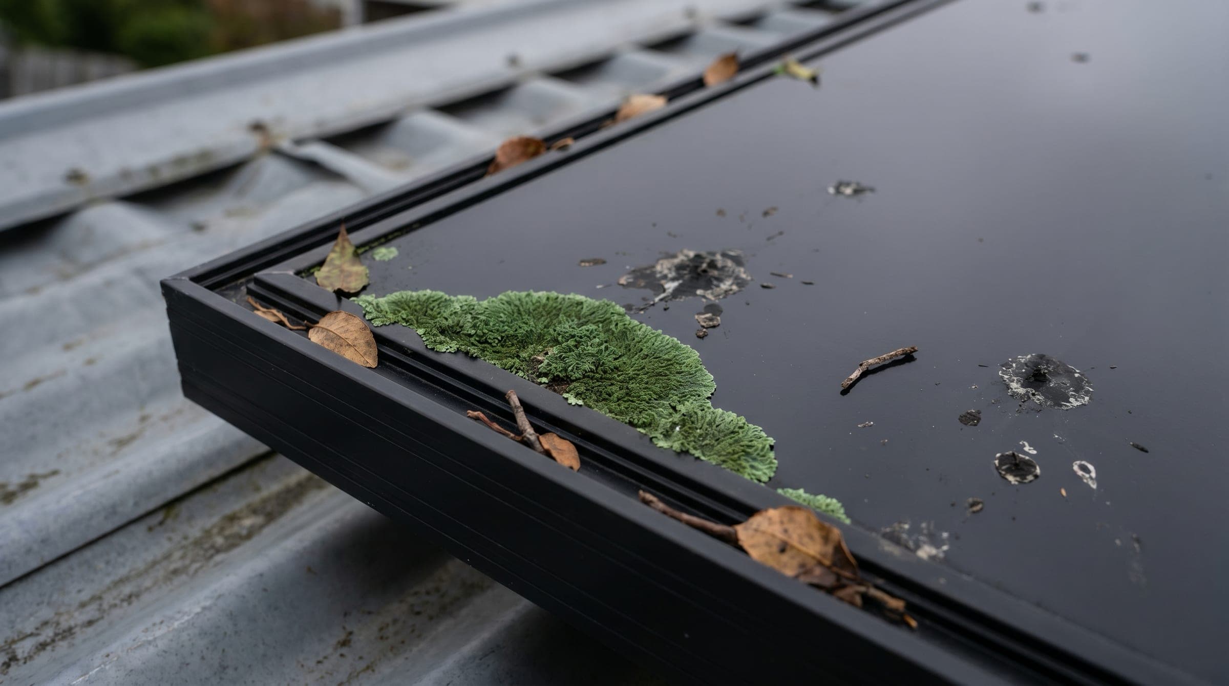 Macro close-up of a solar panel surface showing visible NZ-specific contamination: lichen creep along one edge, bird droppings, and leaf debris caught at the panel rail.