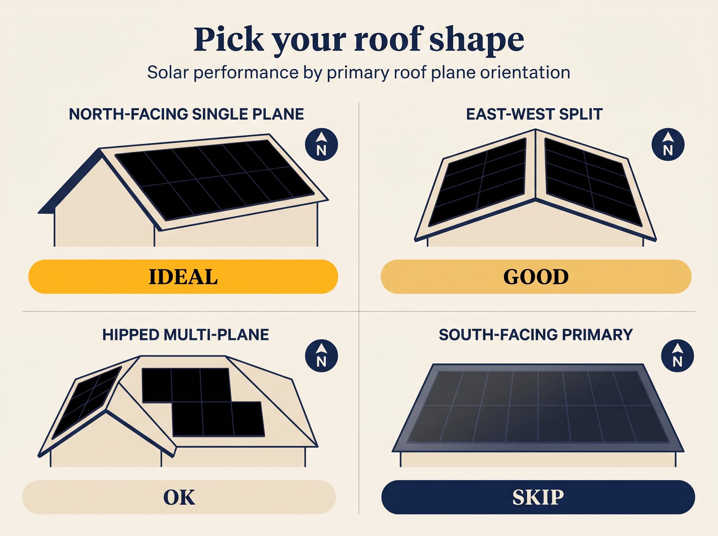 Editorial 2-by-2 decision grid showing four NZ roof scenarios and solar verdicts. North-facing single plane: IDEAL. East-west split: GOOD. Hipped multi-plane: OK. South-facing primary: SKIP. All-black solar panels rendered as smooth jet-black slabs on the cream and navy diagrams.