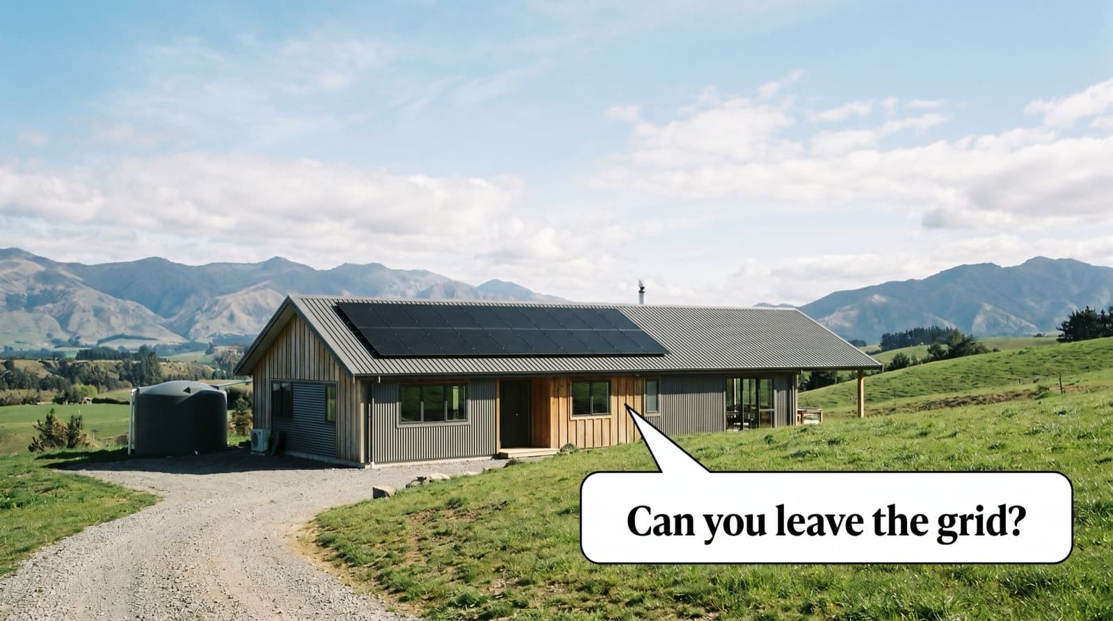 Modern off-grid New Zealand rural home with all-black solar panels on the roof, on a green hillside with a mountain range behind and a water tank alongside