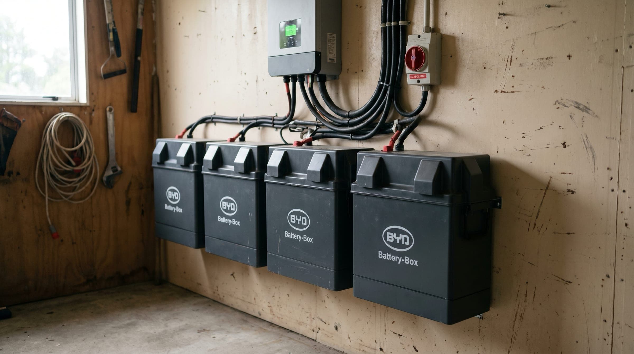 A New Zealand off-grid battery bank: three or four modular home batteries wall-mounted side by side in a clean utility room, with a hybrid inverter above and cabling visible.