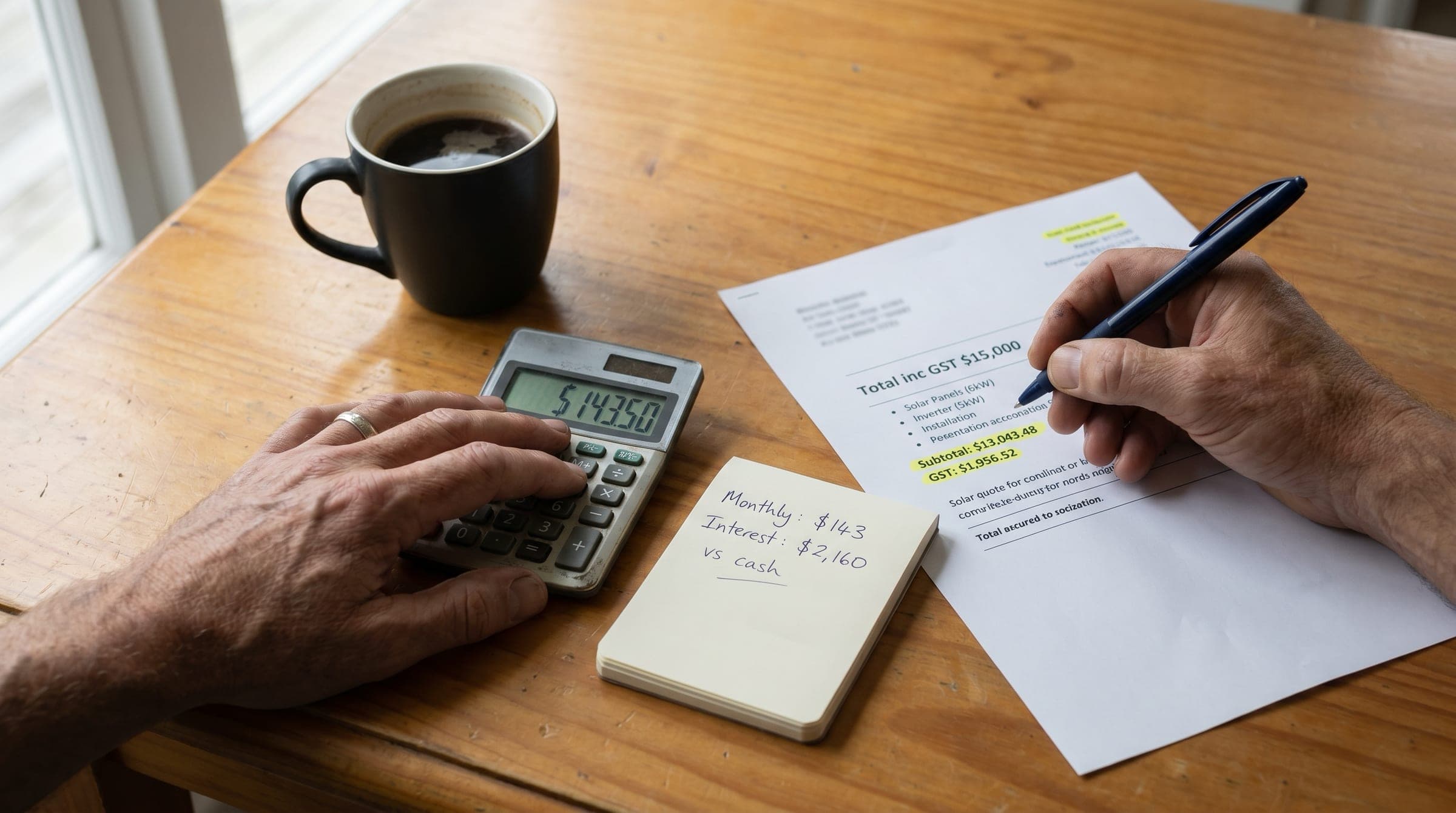 Documentary close-up of a kiwi homeowner's hands at a wooden kitchen table working through solar finance maths: calculator showing $143.50, blue pen annotating a printed quote showing Total inc GST $15,000, a notepad with handwritten monthly and interest figures