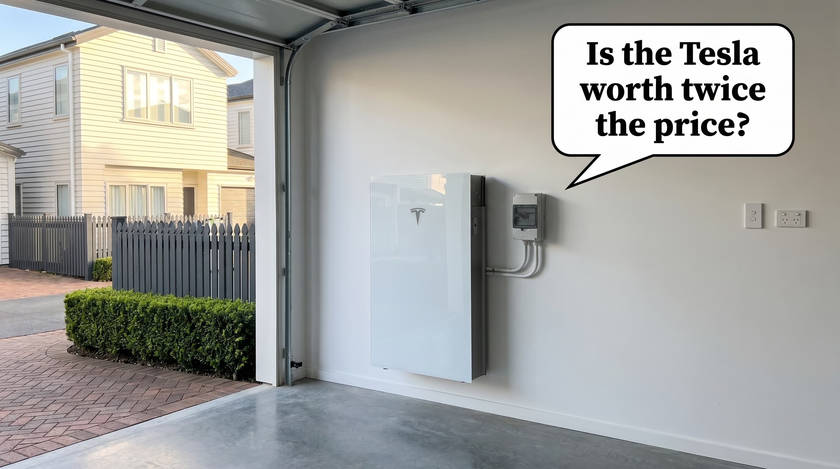 A Tesla Powerwall 3 home battery wall-mounted in a clean modern Kiwi suburban garage, speech bubble asking is the Tesla worth twice the price