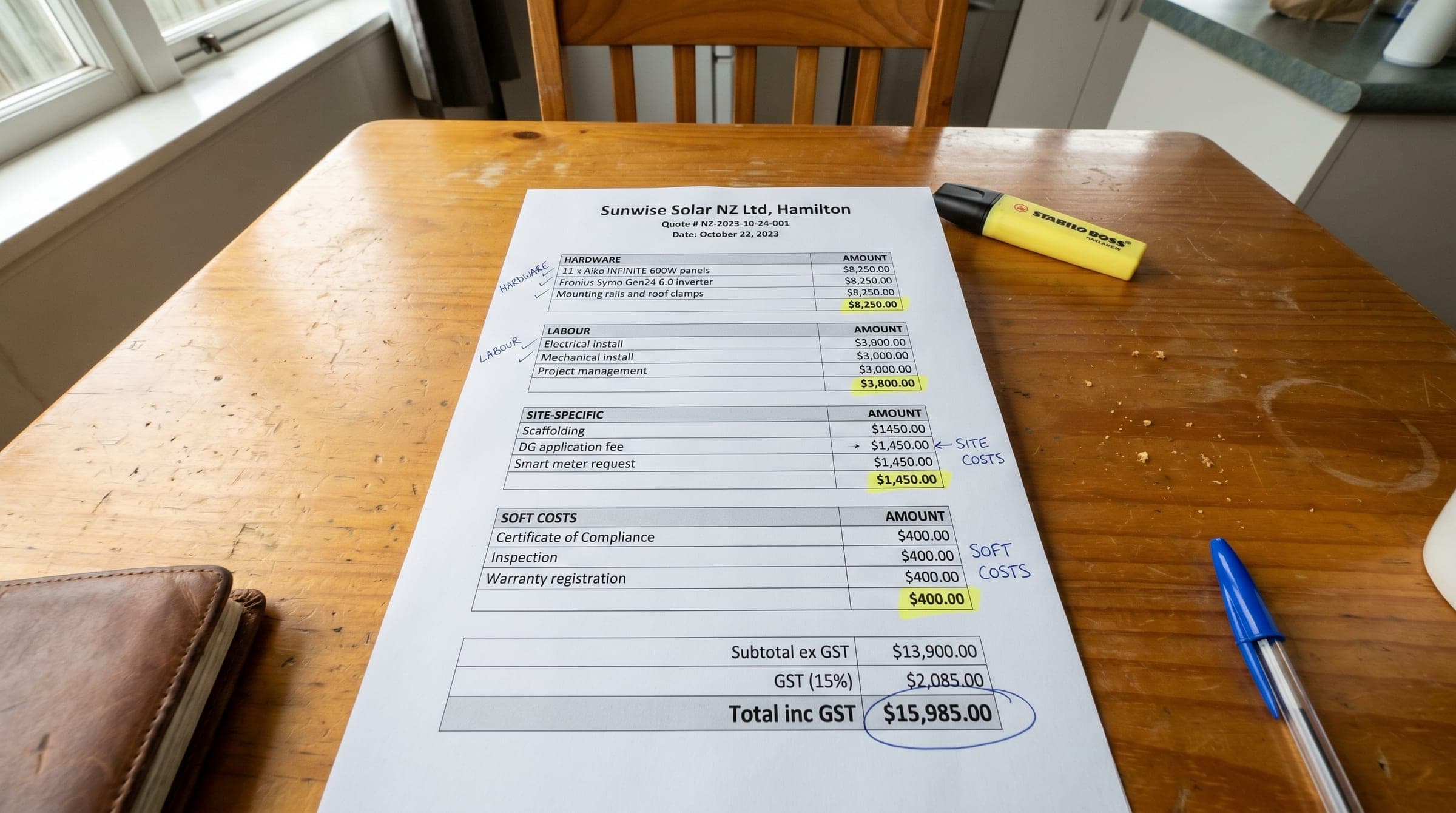 A printed NZ solar quote on a wooden kitchen table with yellow highlighter strokes across four cost-section subtotals and handwritten margin labels reading Hardware, Labour, Site Costs, and Soft Costs