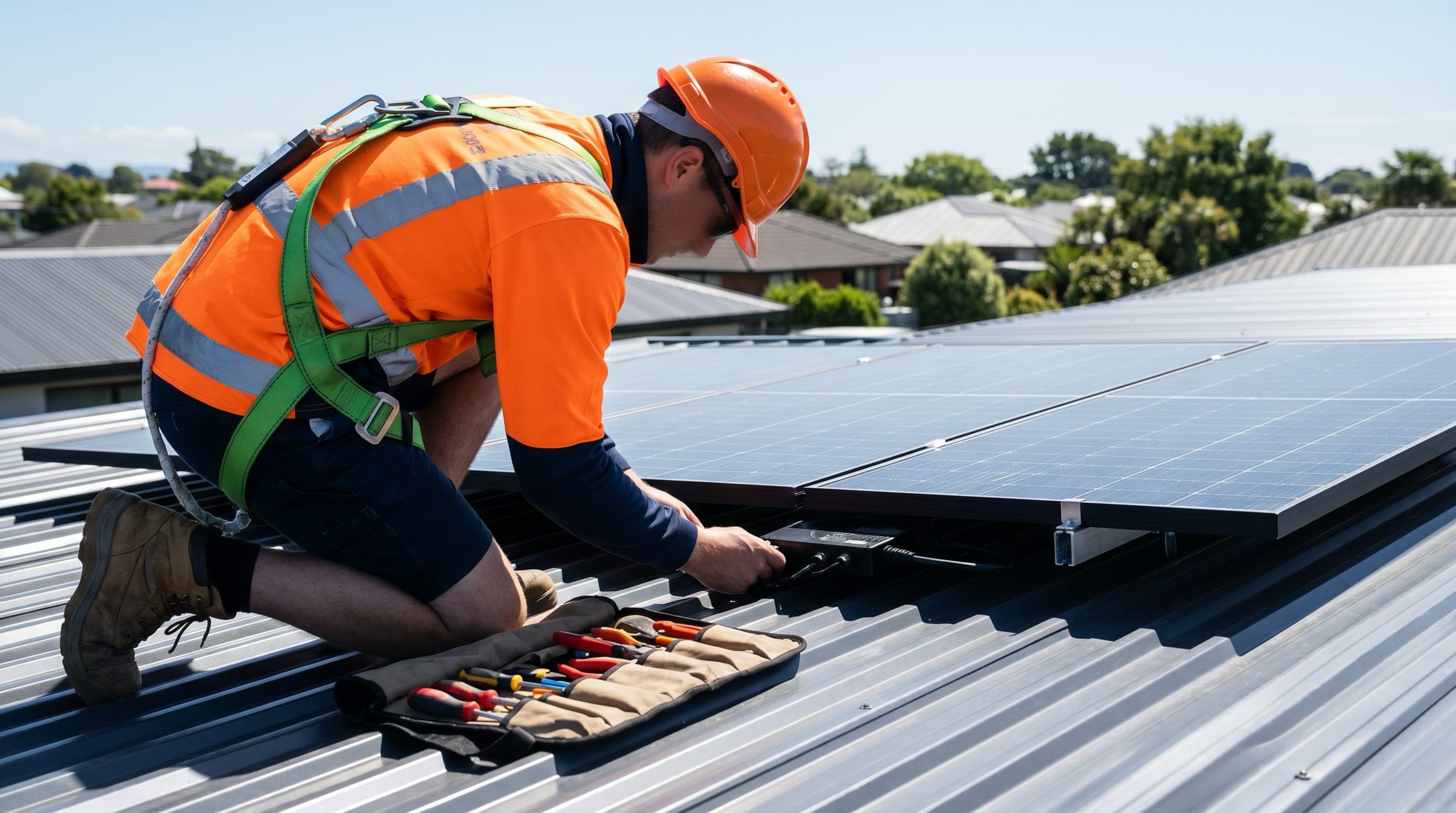 A New Zealand solar technician on a roof in harness, replacing a failed microinverter under a panel