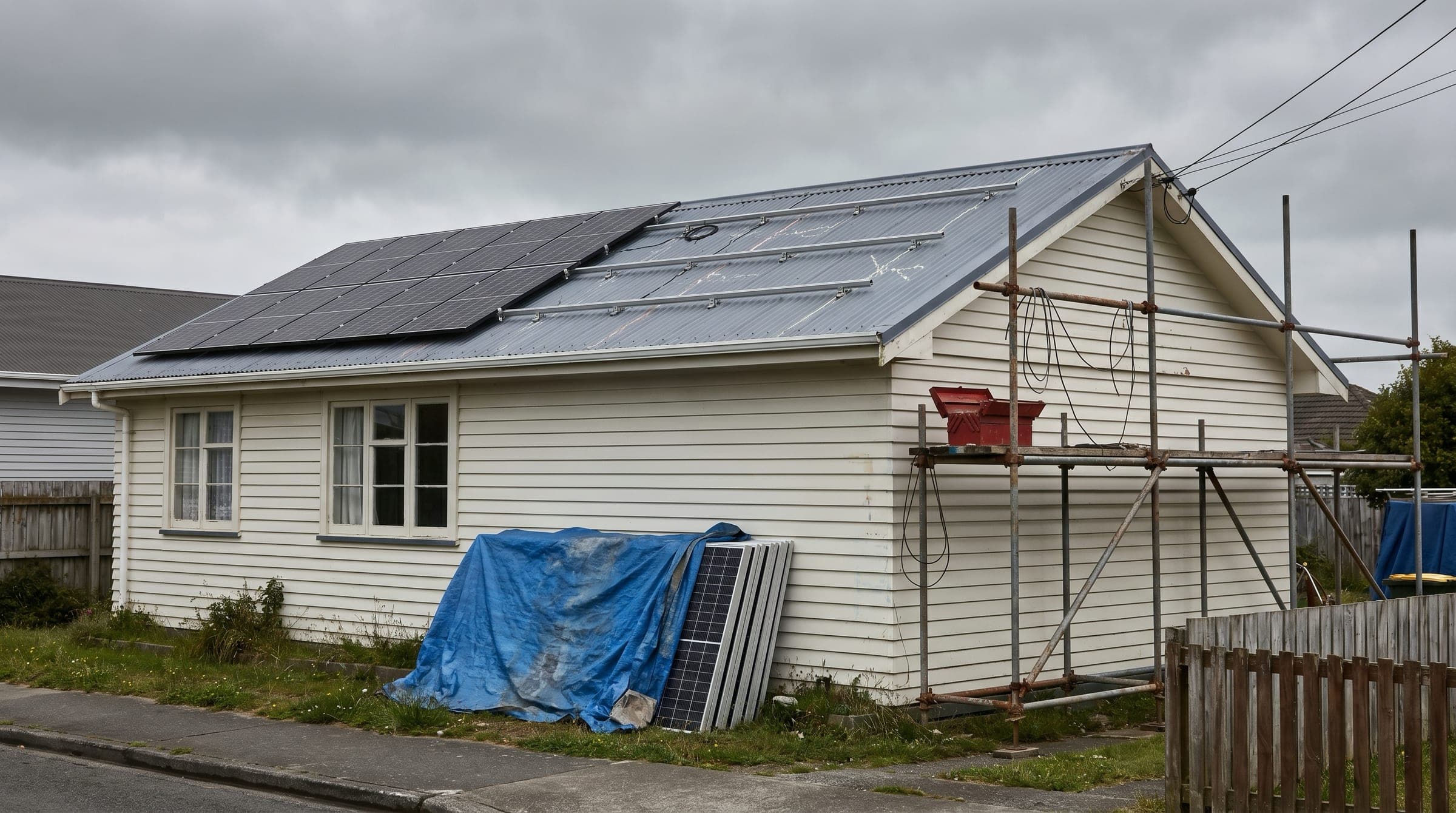 A New Zealand suburban home with a half-installed solar array on the roof, unmounted panels stacked against the wall and scaffolding still up, with nobody working.