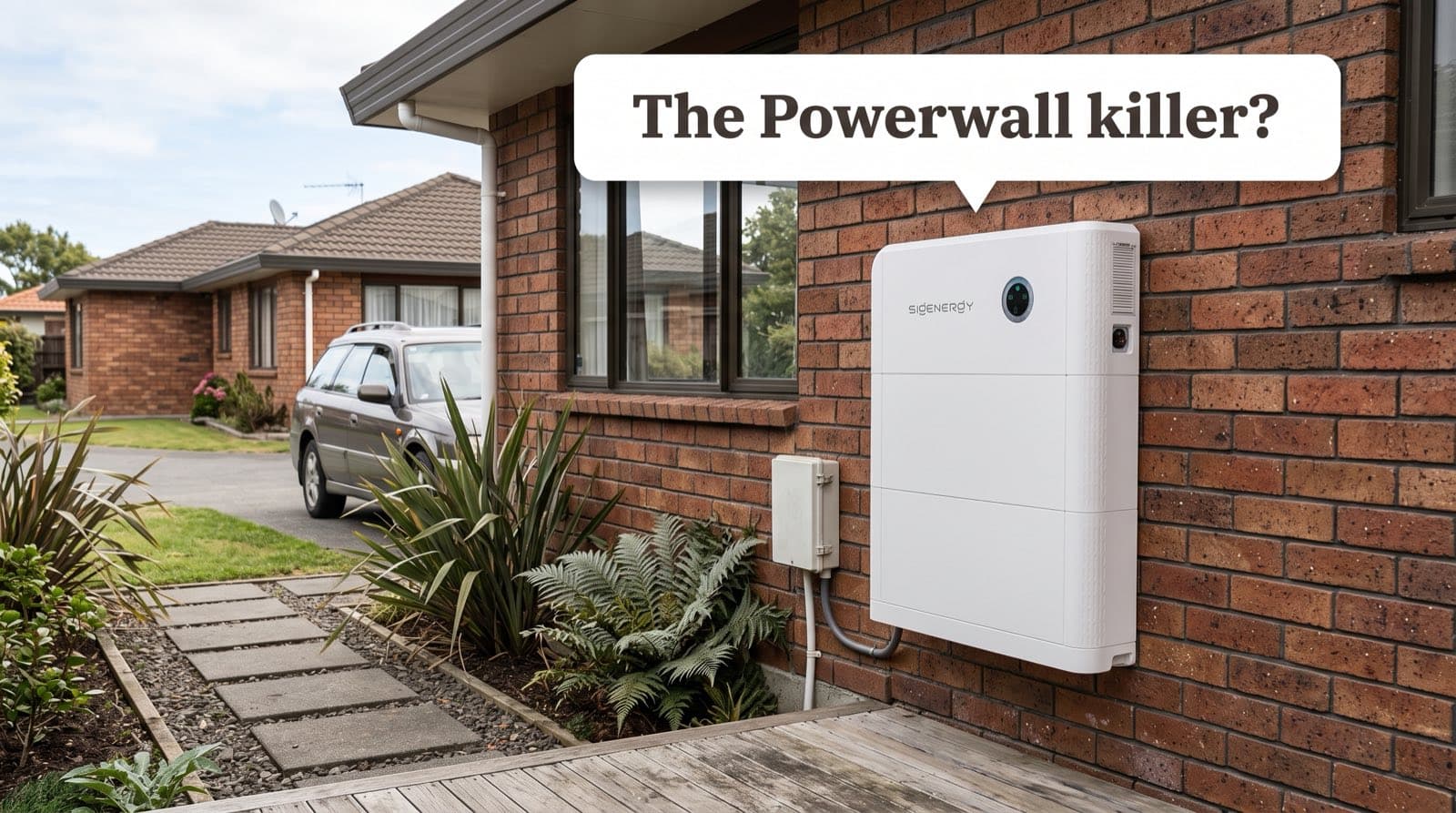A white stacked Sigenergy SigenStor home battery mounted on the brick wall of a suburban New Zealand home beside the garage, speech bubble asking if it is the Powerwall killer