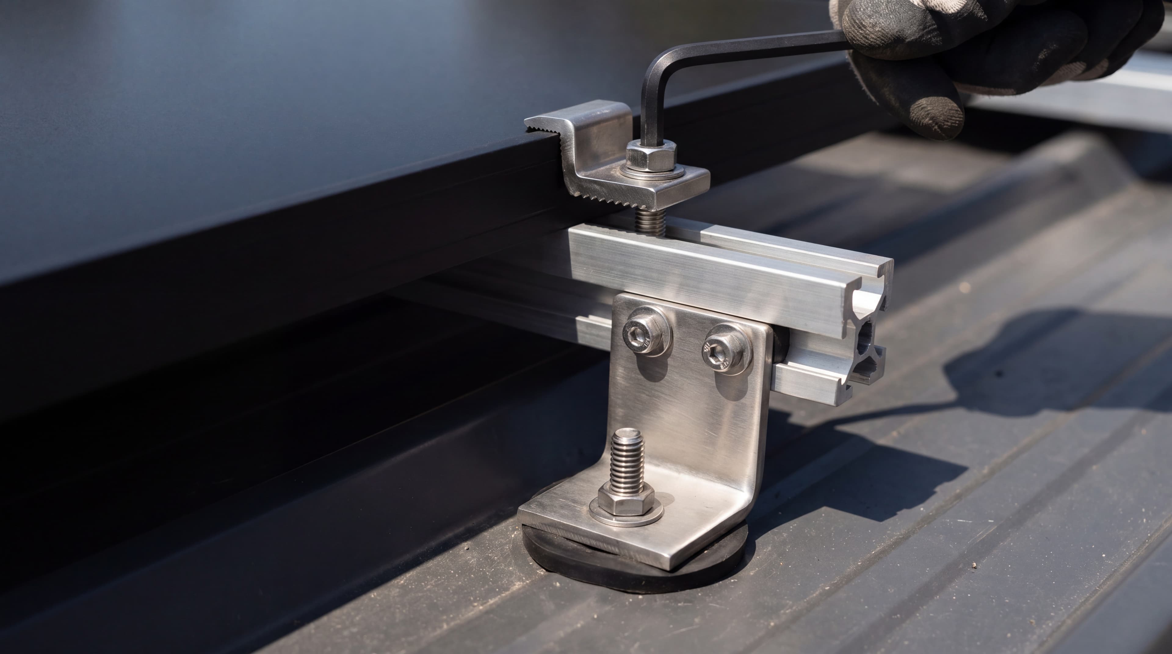 Side-profile close-up of a solar installer's gloved hand tightening a stainless mid-clamp on the edge of an all-black panel with a hex key, brushed aluminium PV rail and L-foot bracket sitting on a dark NZ commercial roof