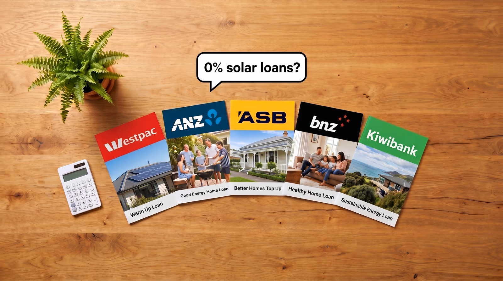 New Zealand bank cards and solar panel on a table comparing green loan rates