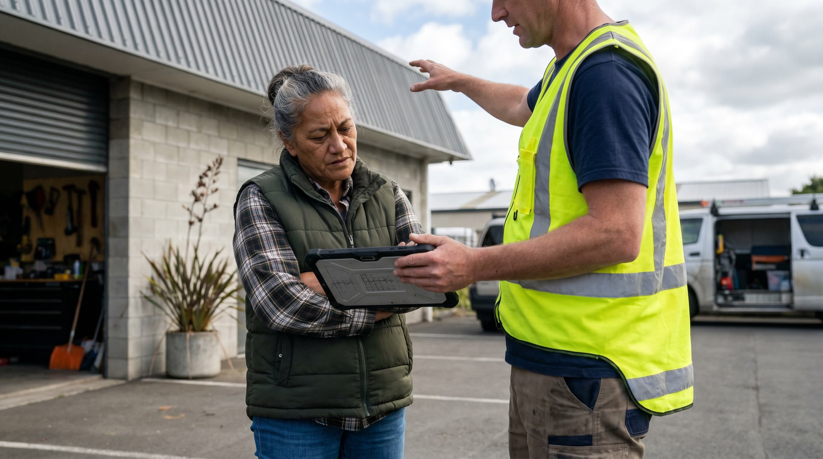 A New Zealand business owner and a tradesperson in a high-visibility vest reviewing a quote on a ruggedised tablet outside the entrance of a small commercial workshop