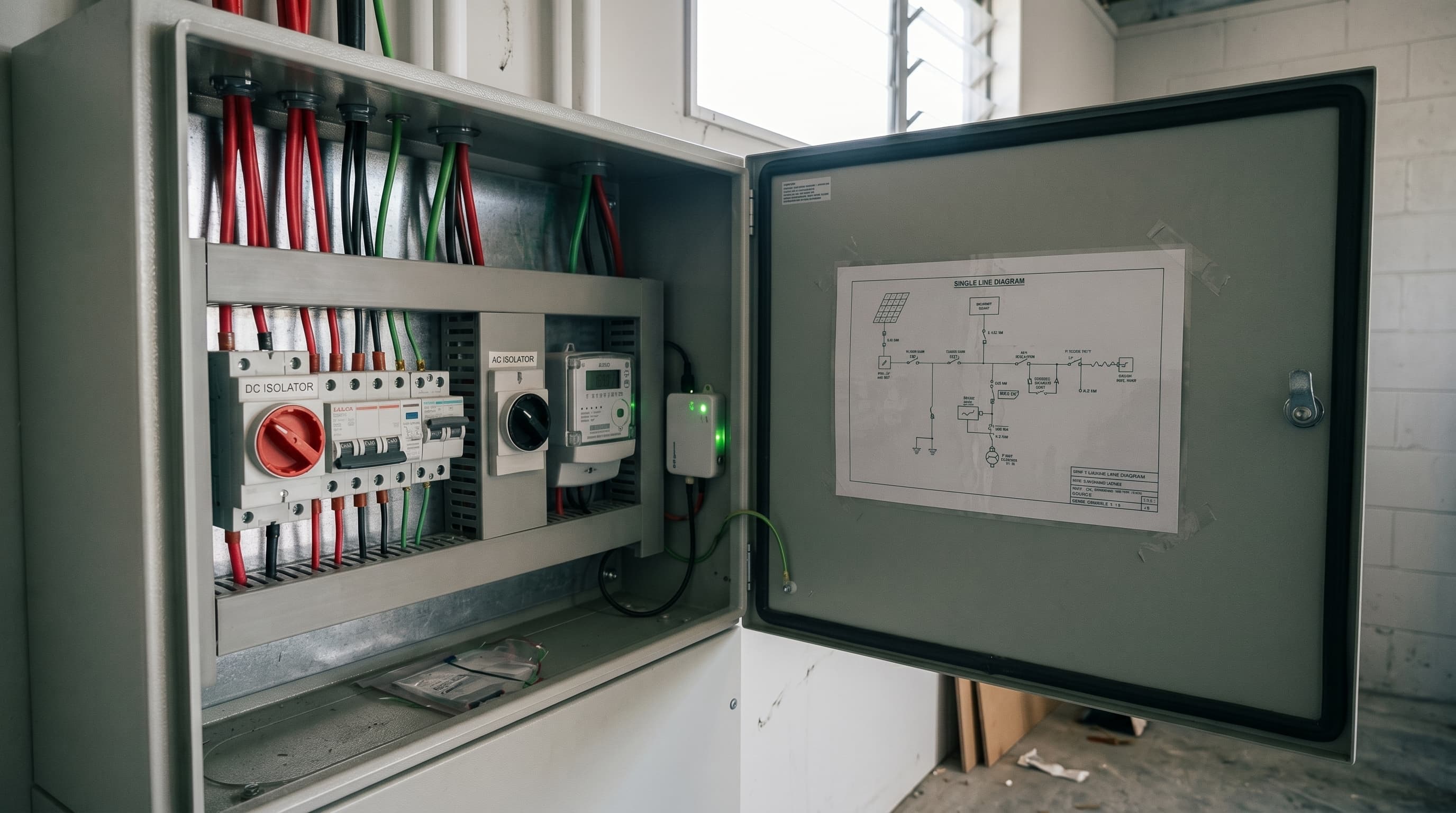 Three-quarter view of a commercial solar electrical switchboard inside a NZ light-industrial premises, door open showing labelled DC and AC isolators, MCB row, kWh meter, glowing green inverter comms LED, and a printed single-line diagram on the cabinet door