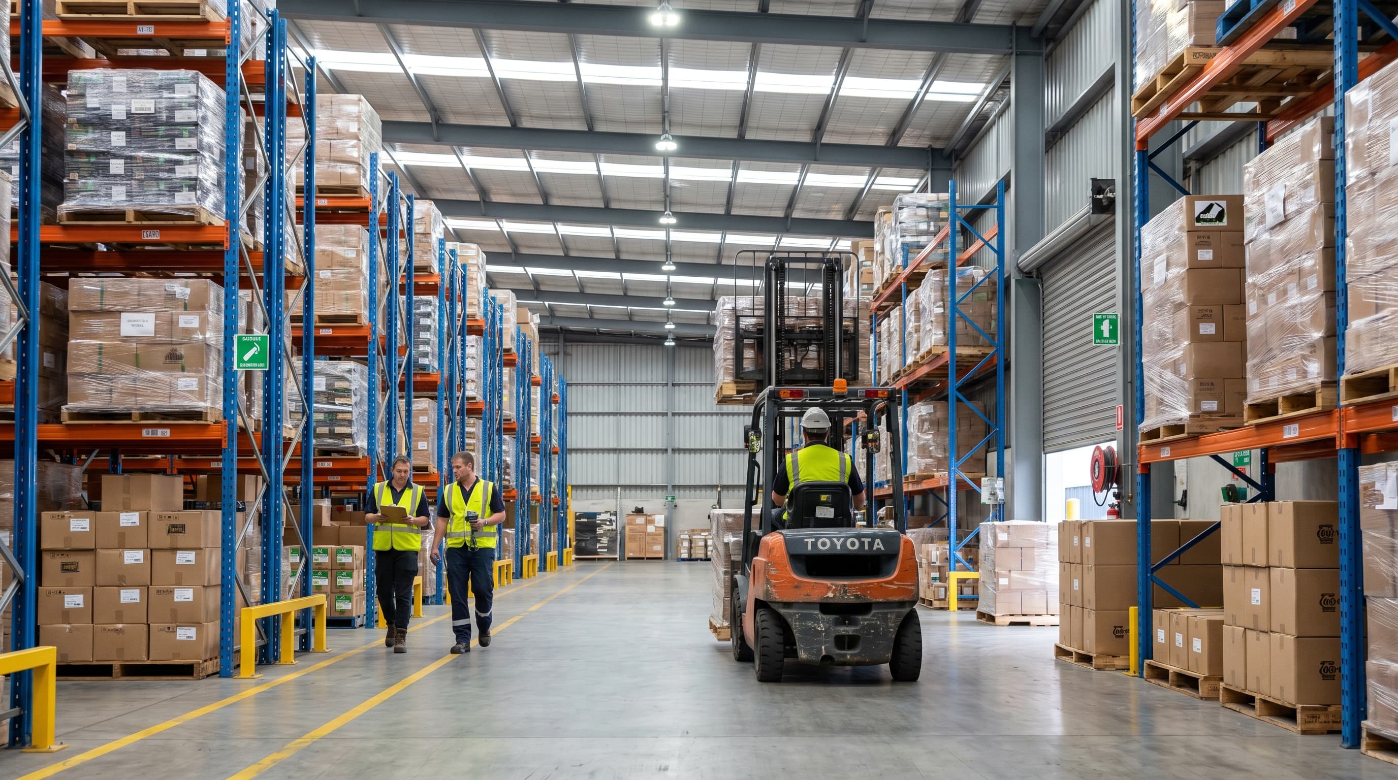 Interior of a busy New Zealand distribution warehouse during daytime operations with a forklift in motion and daylight pouring through the translucent rooflights