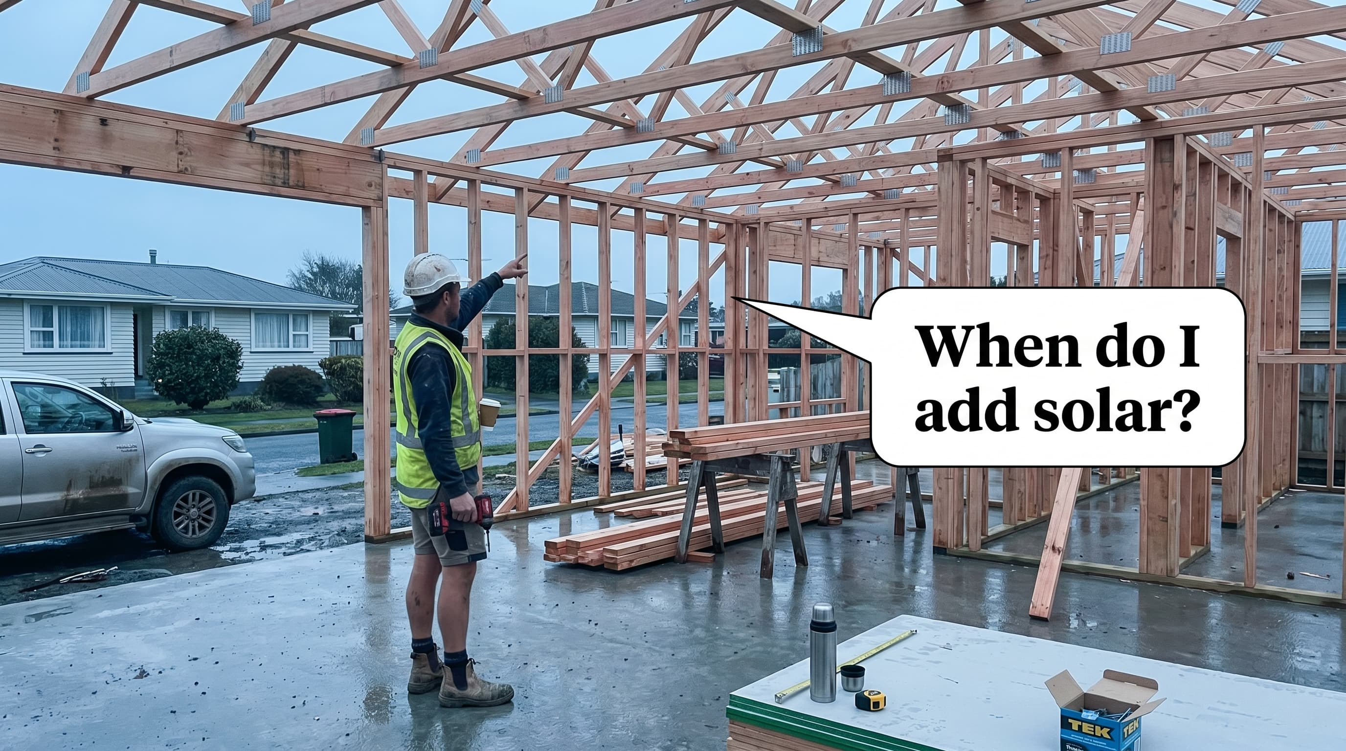 A New Zealand new build construction site with timber framing visible and corrugated steel roof partially on, a builder in hi-vis pointing at the roof structure, speech bubble asking when to add solar