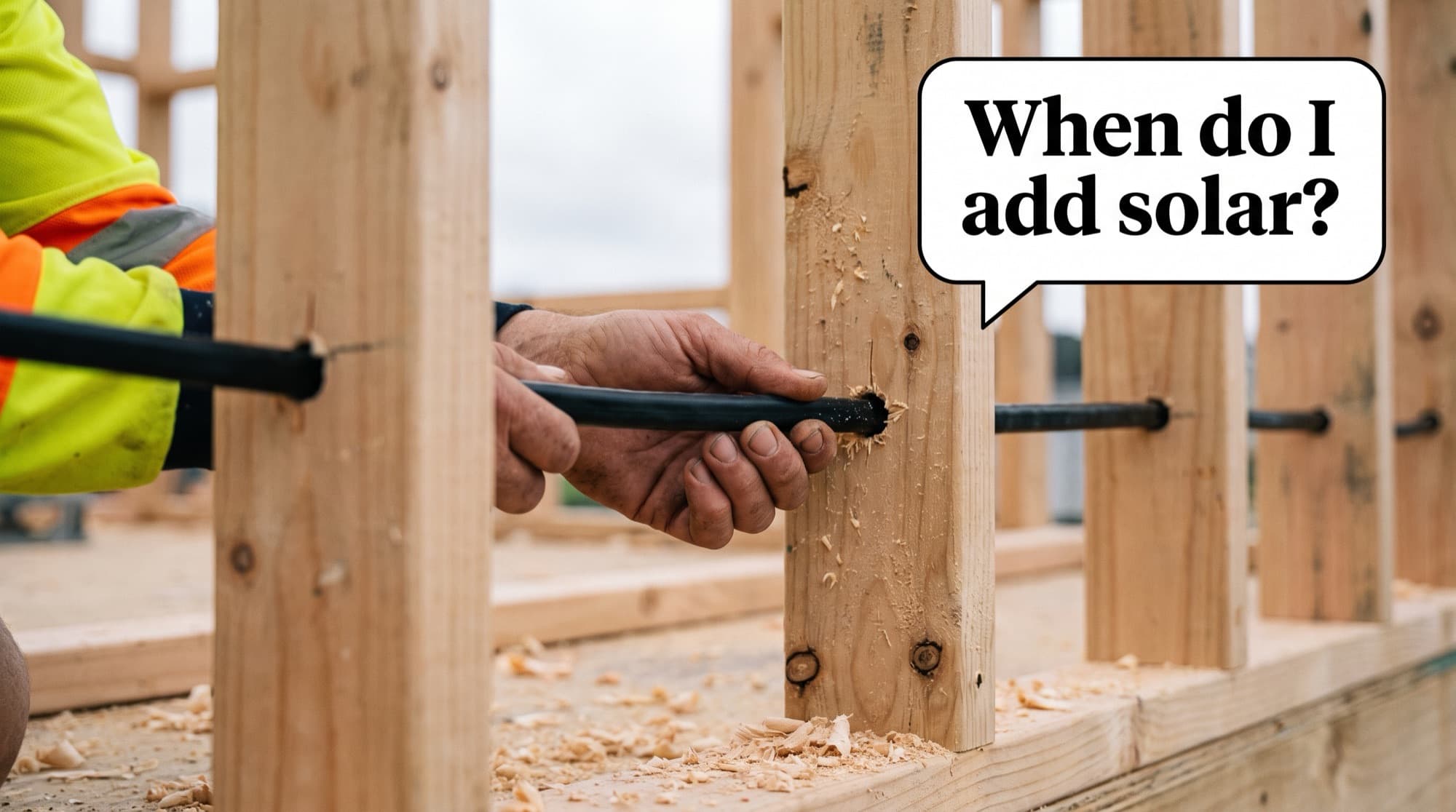 An electrician's bare hands feeding electrical cable horizontally through drilled holes in the timber wall studs of a New Zealand new build, speech bubble asking when to add solar