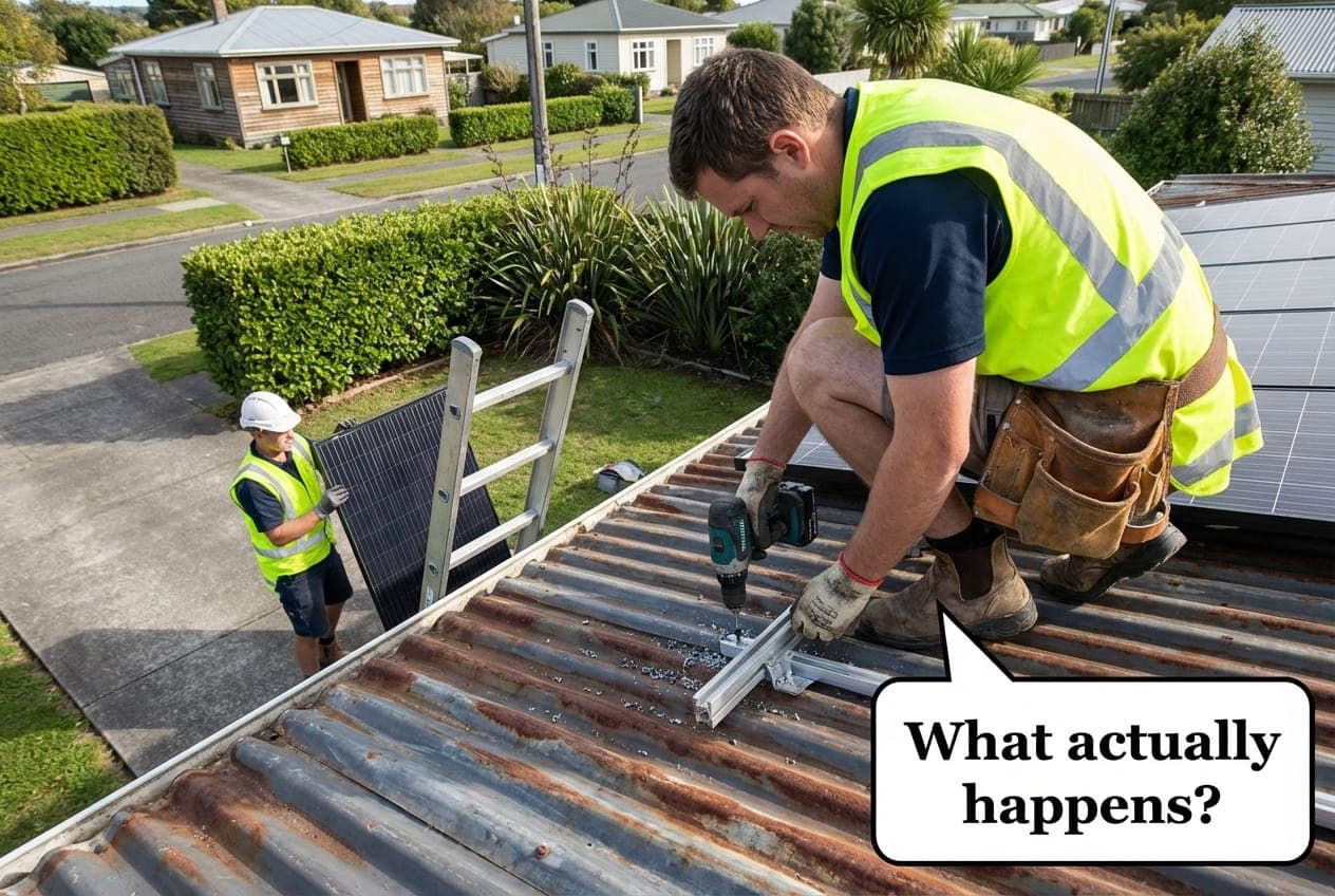 Solar installers mounting panels on a New Zealand corrugated iron roof with tools and safety gear