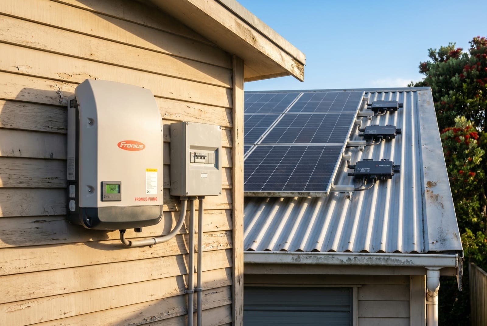 A wall-mounted Fronius string inverter next to a row of Enphase microinverters mounted under solar panels on a New Zealand garage